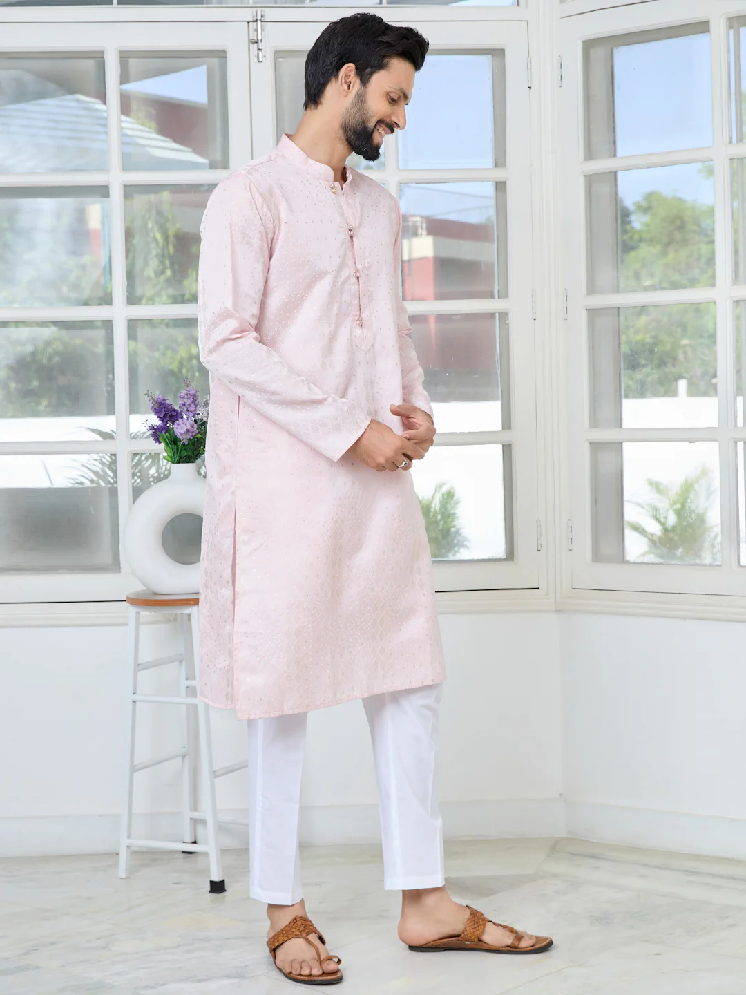 Men Pink Embossed and Foil Kurta - Image 3