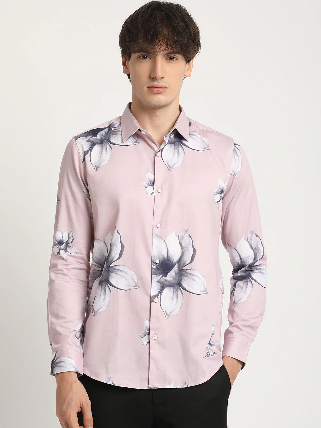 Men  Pink Floral Print Long-Sleeve Slim Fit Casual Shirt - Image 2