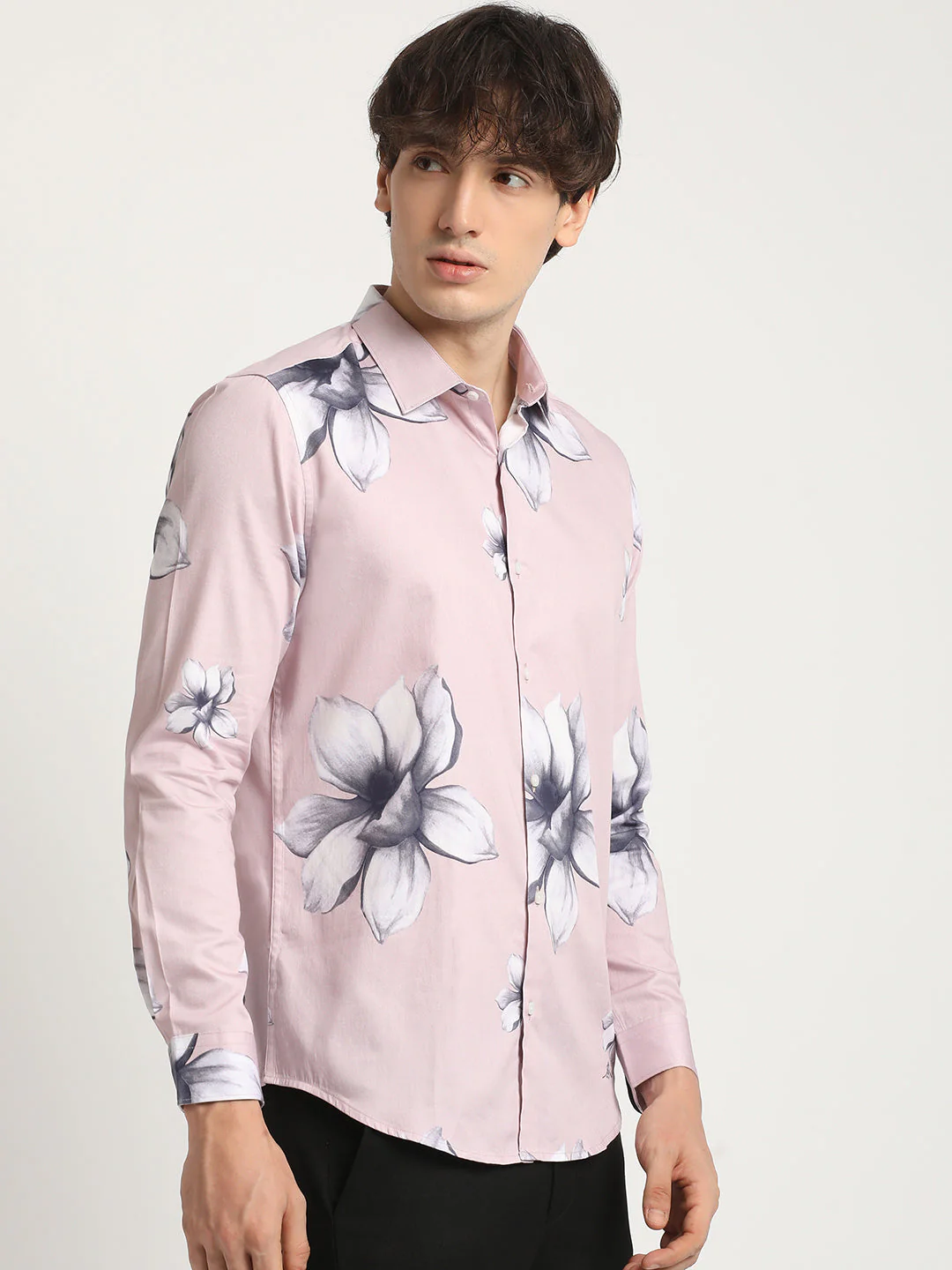 Men  Pink Floral Print Long-Sleeve Slim Fit Casual Shirt - Image 3