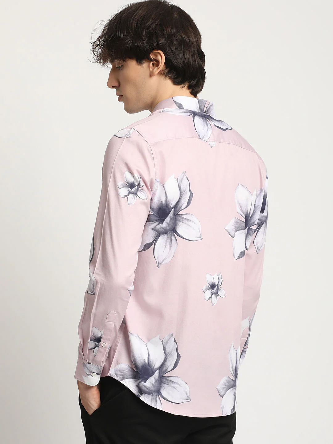 Men  Pink Floral Print Long-Sleeve Slim Fit Casual Shirt - Image 4