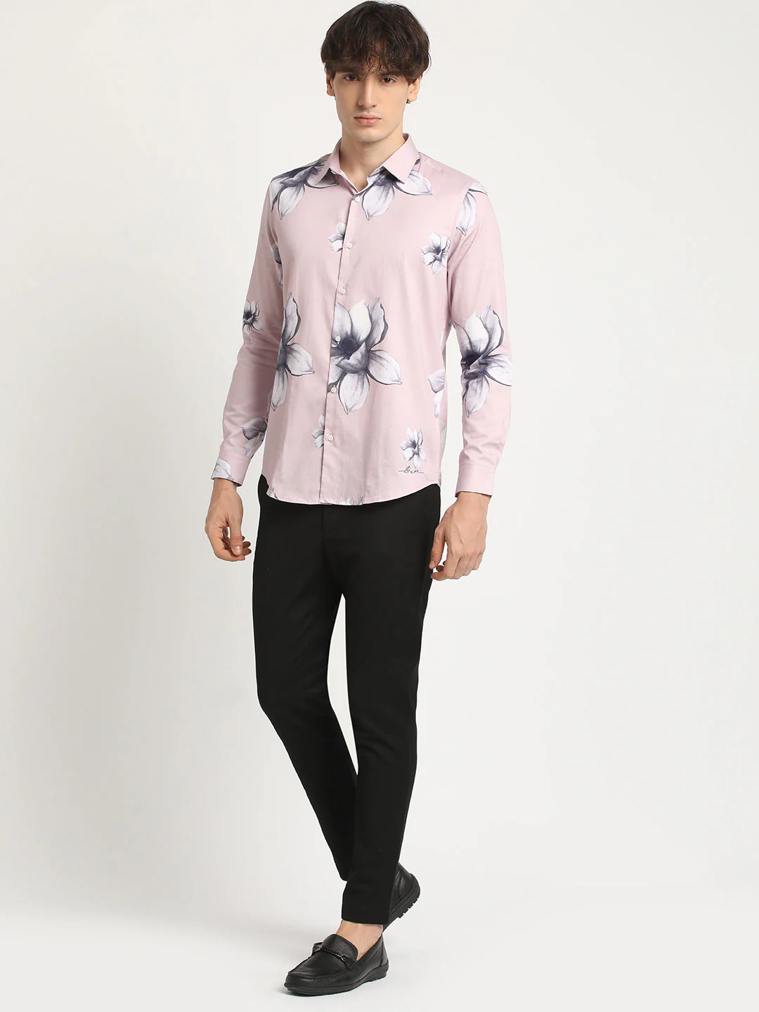 Men  Pink Floral Print Long-Sleeve Slim Fit Casual Shirt - Image 5