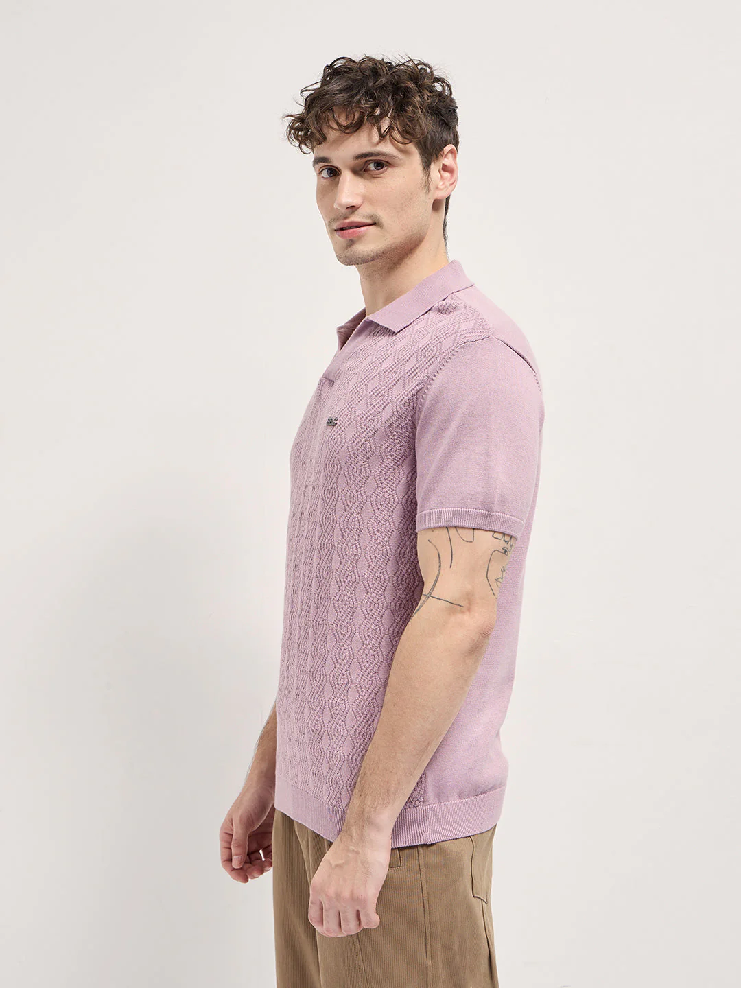Men Pink Geometric textured Knit Slim Fit Polo - Image 3