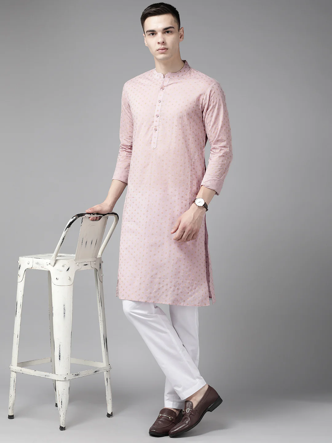 Men Pink & Gold Printed Straight Kurta