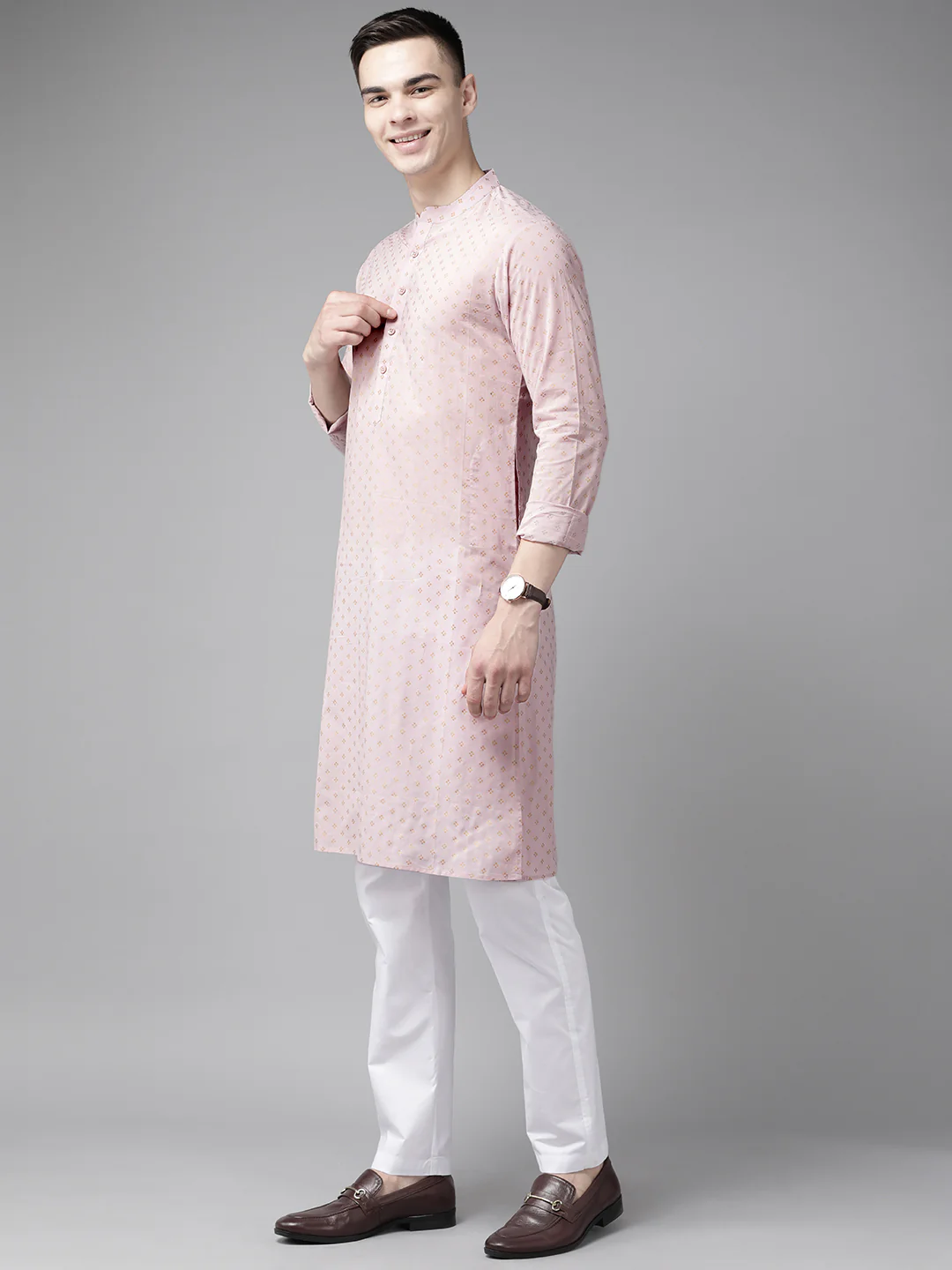 Men Pink & Gold Printed Straight Kurta - Image 4