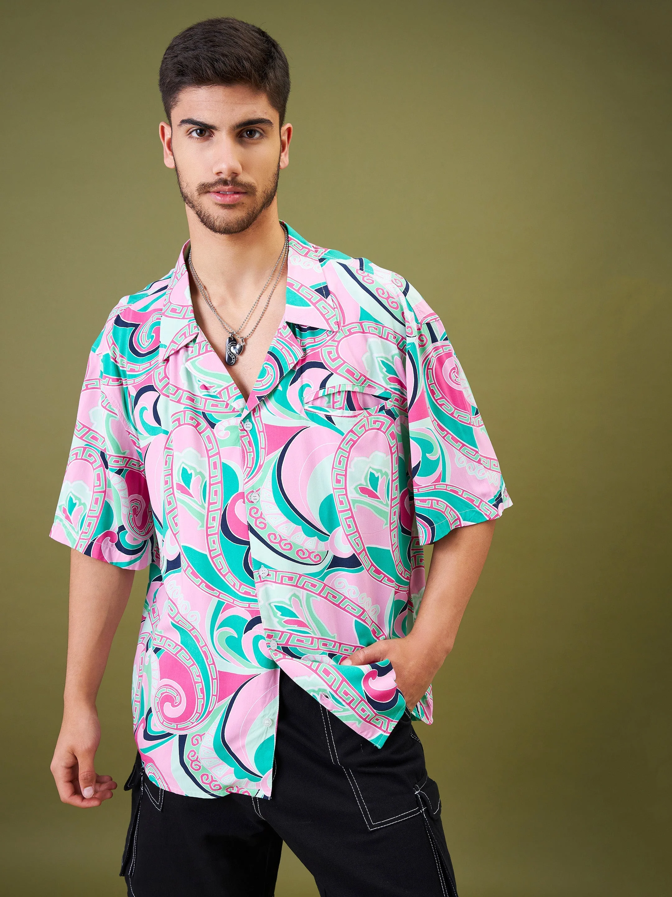 Men Pink & Green Tropical Floral Oversized Shirt - Image 2