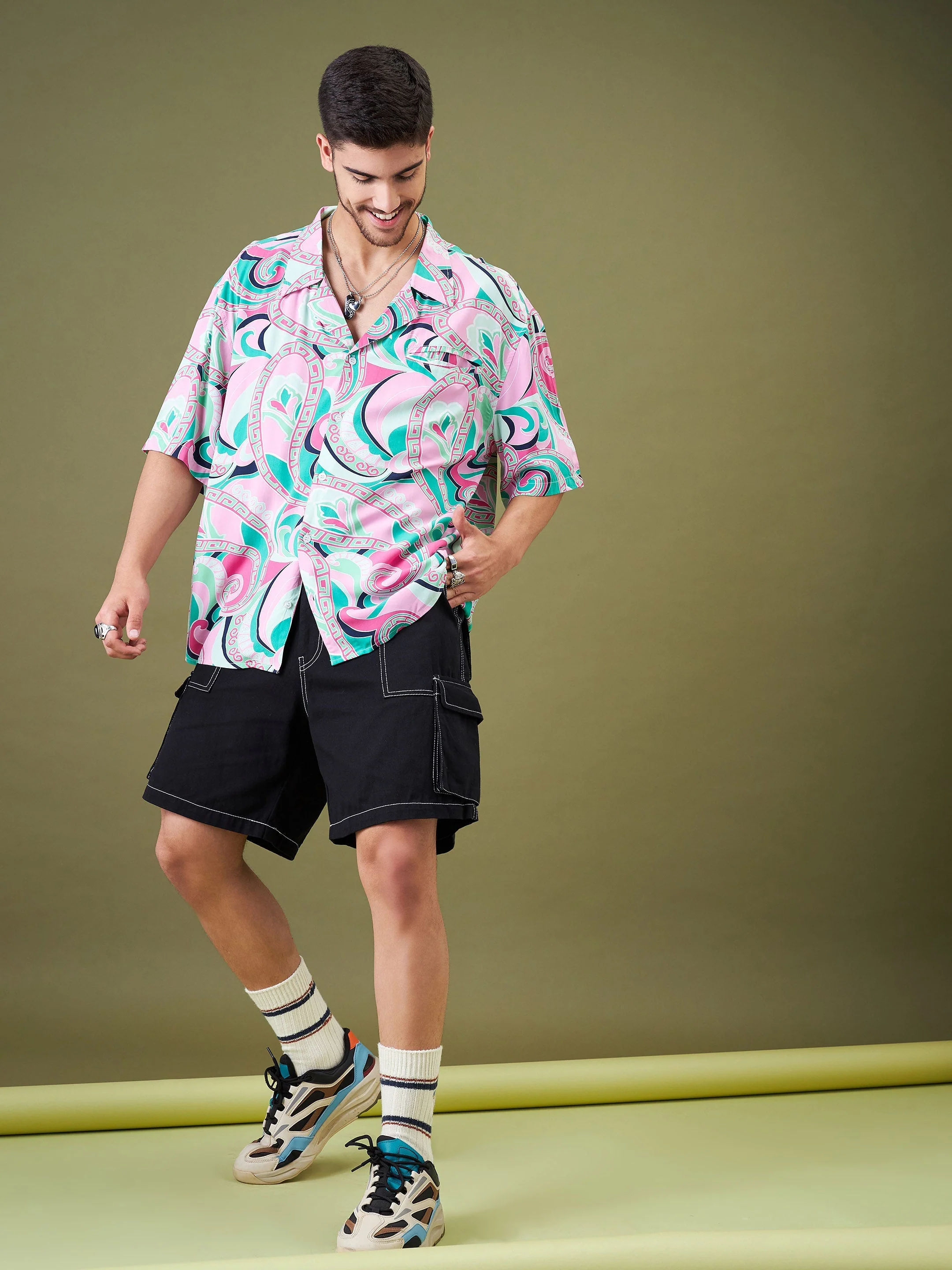 Men Pink & Green Tropical Floral Oversized Shirt - Image 3