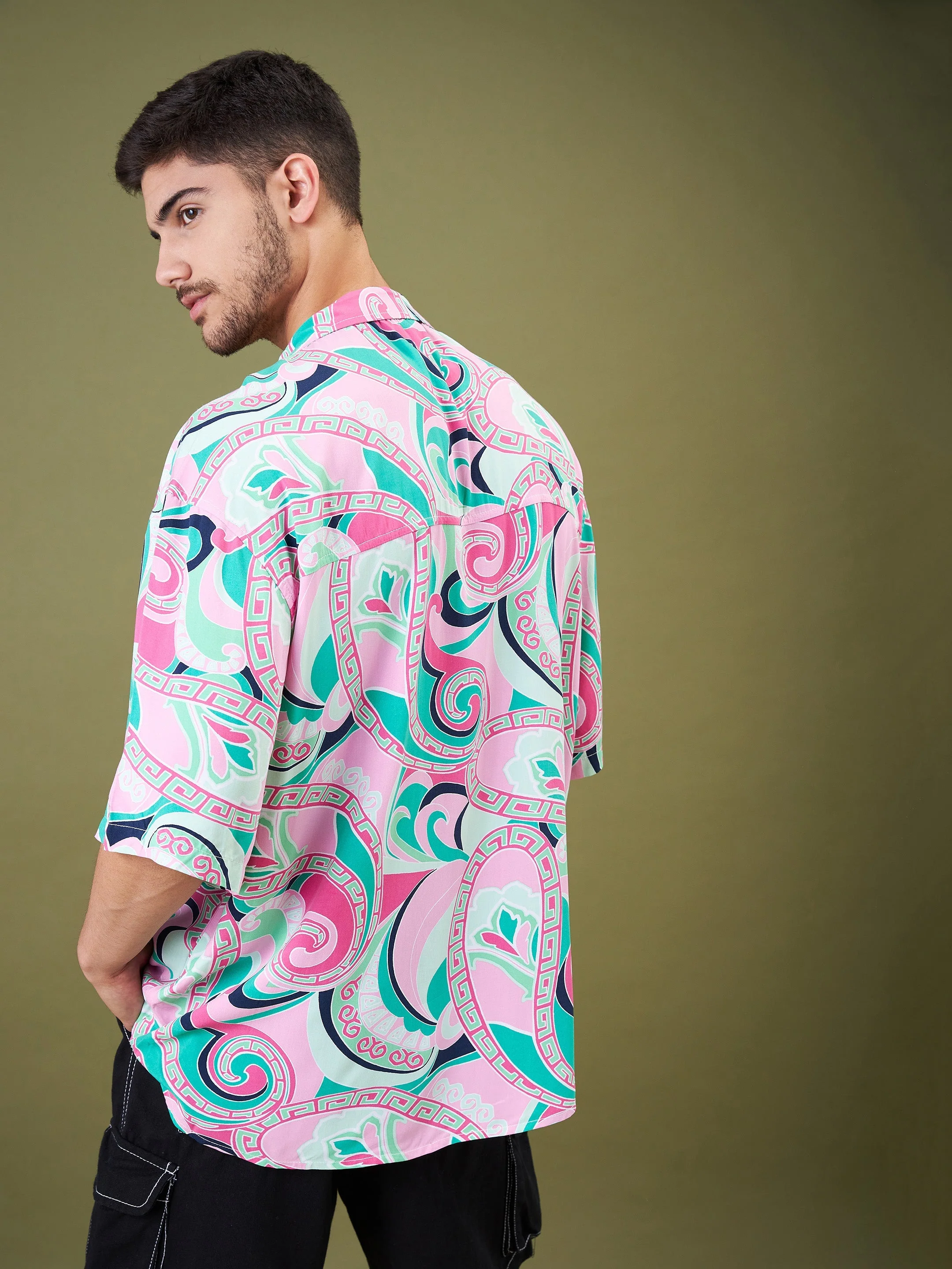 Men Pink & Green Tropical Floral Oversized Shirt - Image 4