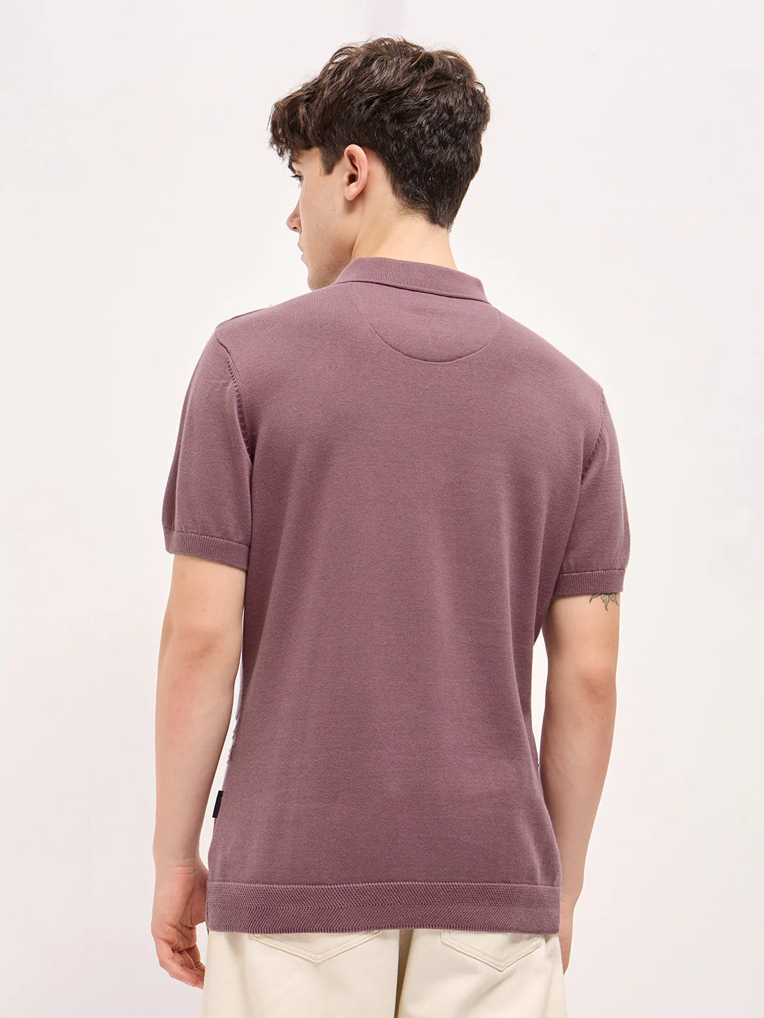 Men Pink Horizontal Textured Knit Regular Fit Polo T-shirt - Image 2