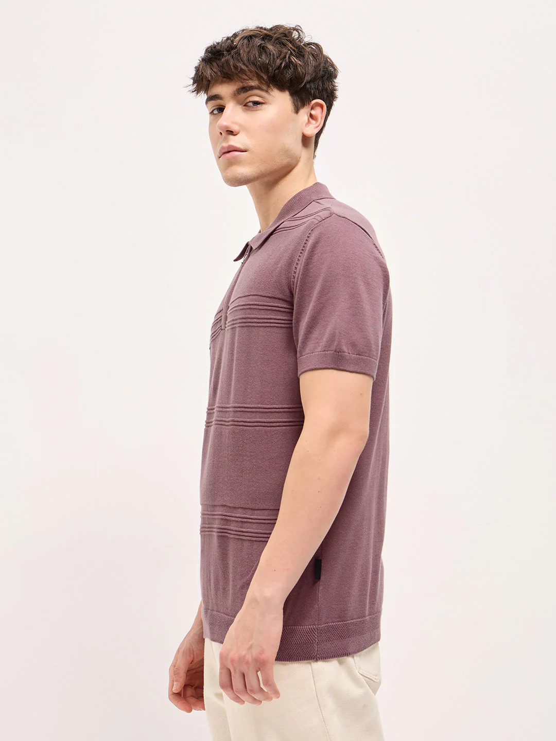 Men Pink Horizontal Textured Knit Regular Fit Polo T-shirt - Image 3