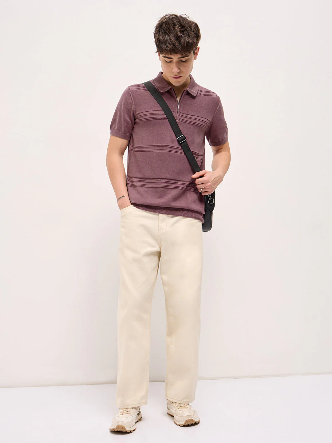 Men Pink Horizontal Textured Knit Regular Fit Polo T-shirt - Image 4