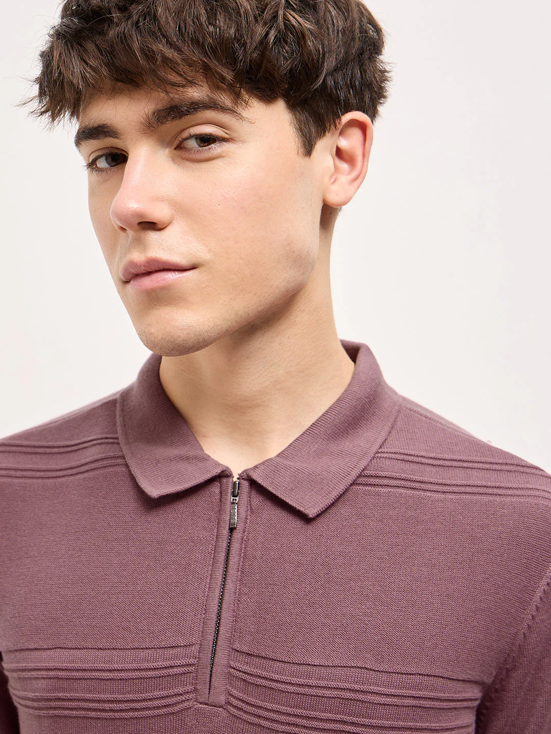 Men Pink Horizontal Textured Knit Regular Fit Polo T-shirt - Image 5