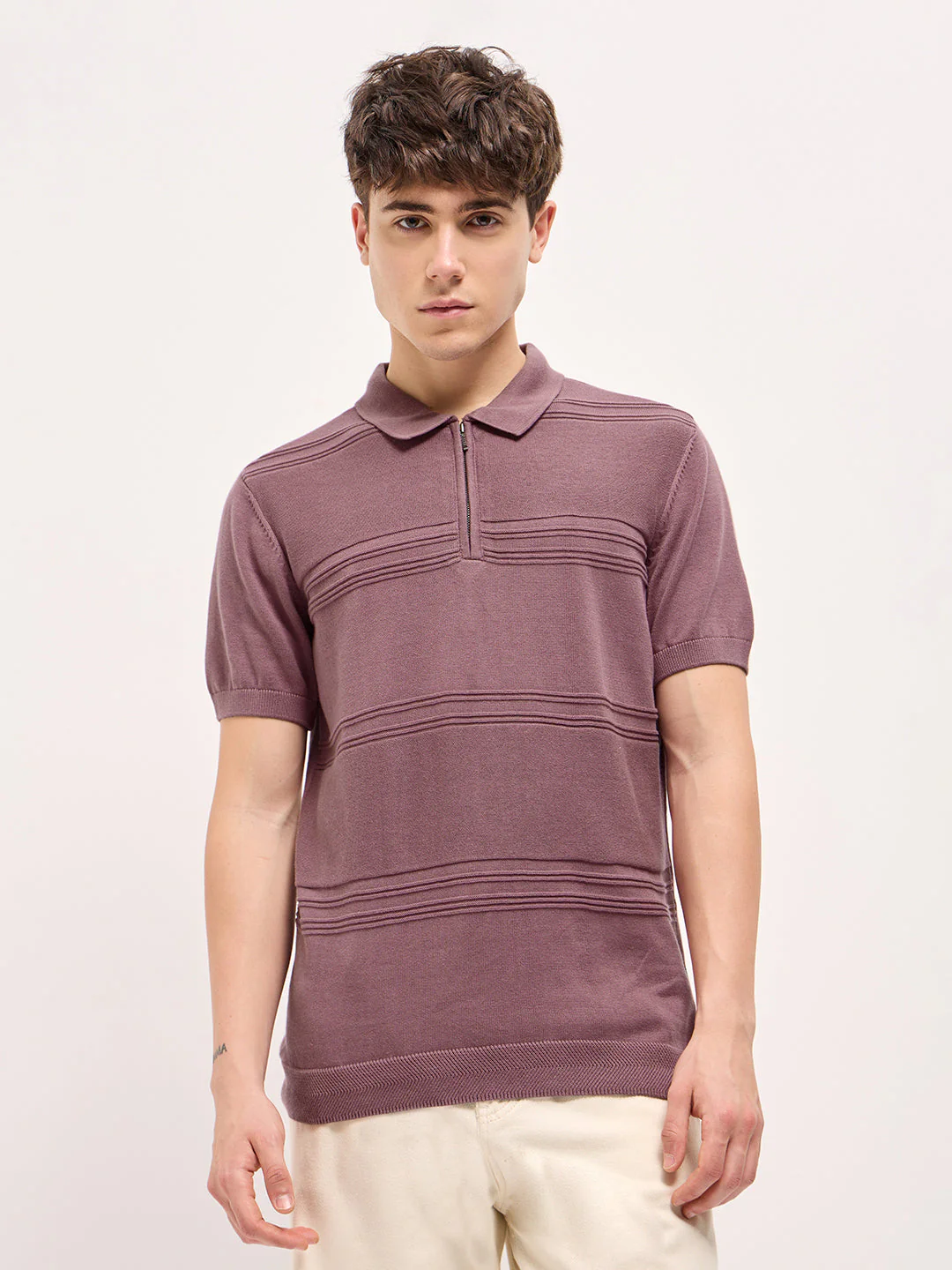 Men Pink Horizontal Textured Knit Regular Fit Polo T-shirt - Image 6