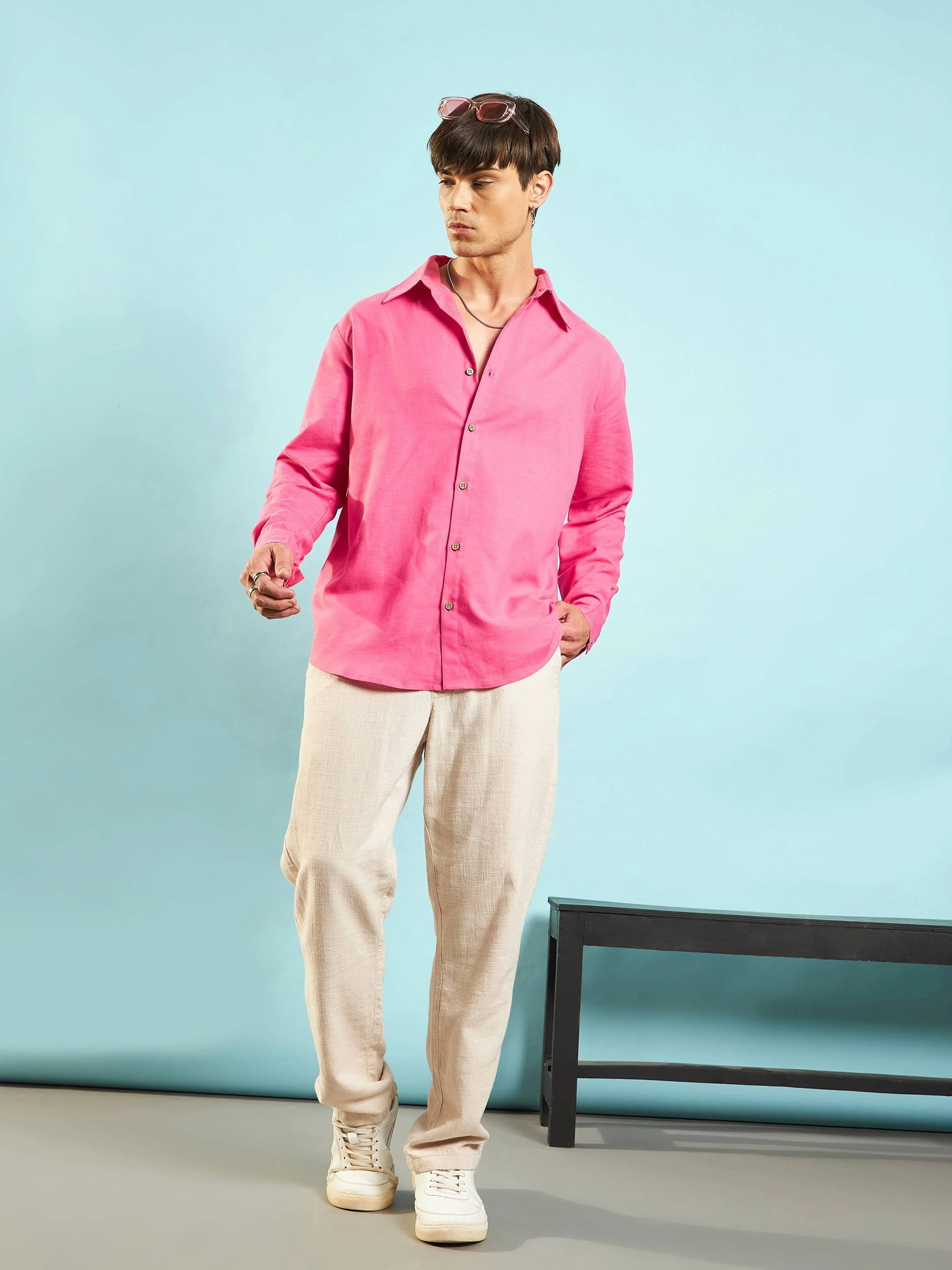 Men Pink Linen Flex Relax Fit Shirt - Image 2