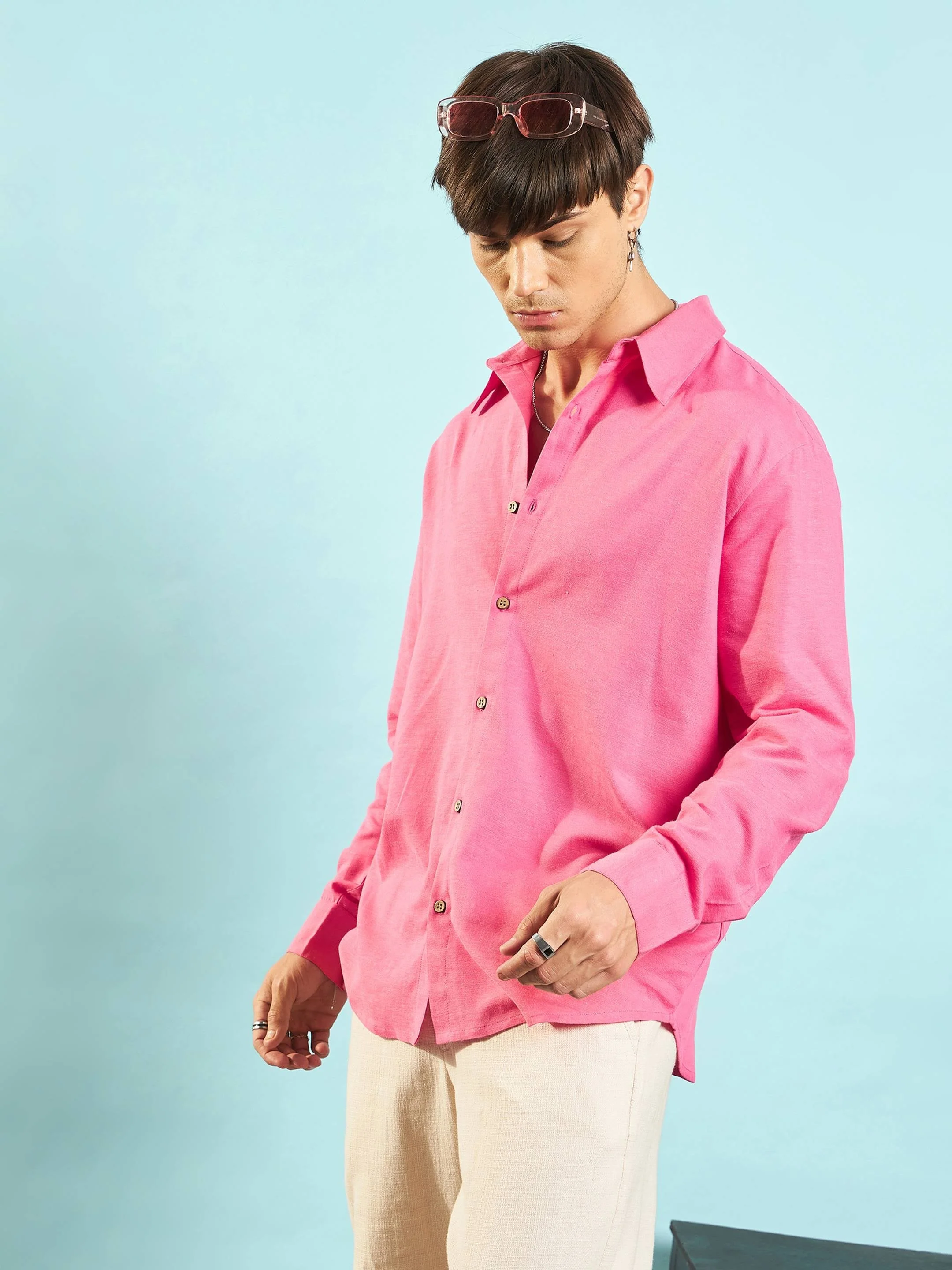 Men Pink Linen Flex Relax Fit Shirt - Image 3