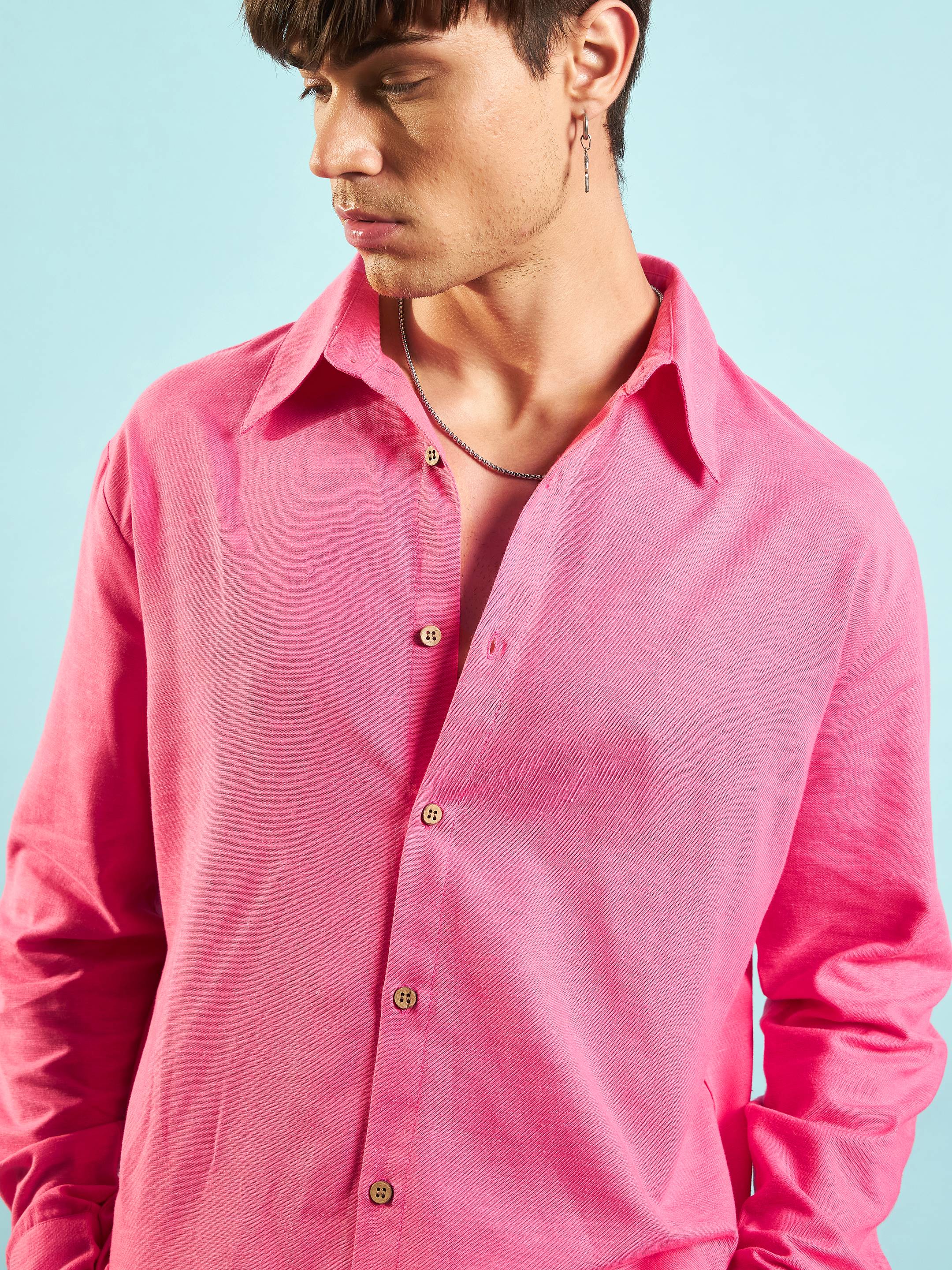 Men Pink Linen Flex Relax Fit Shirt - Image 4