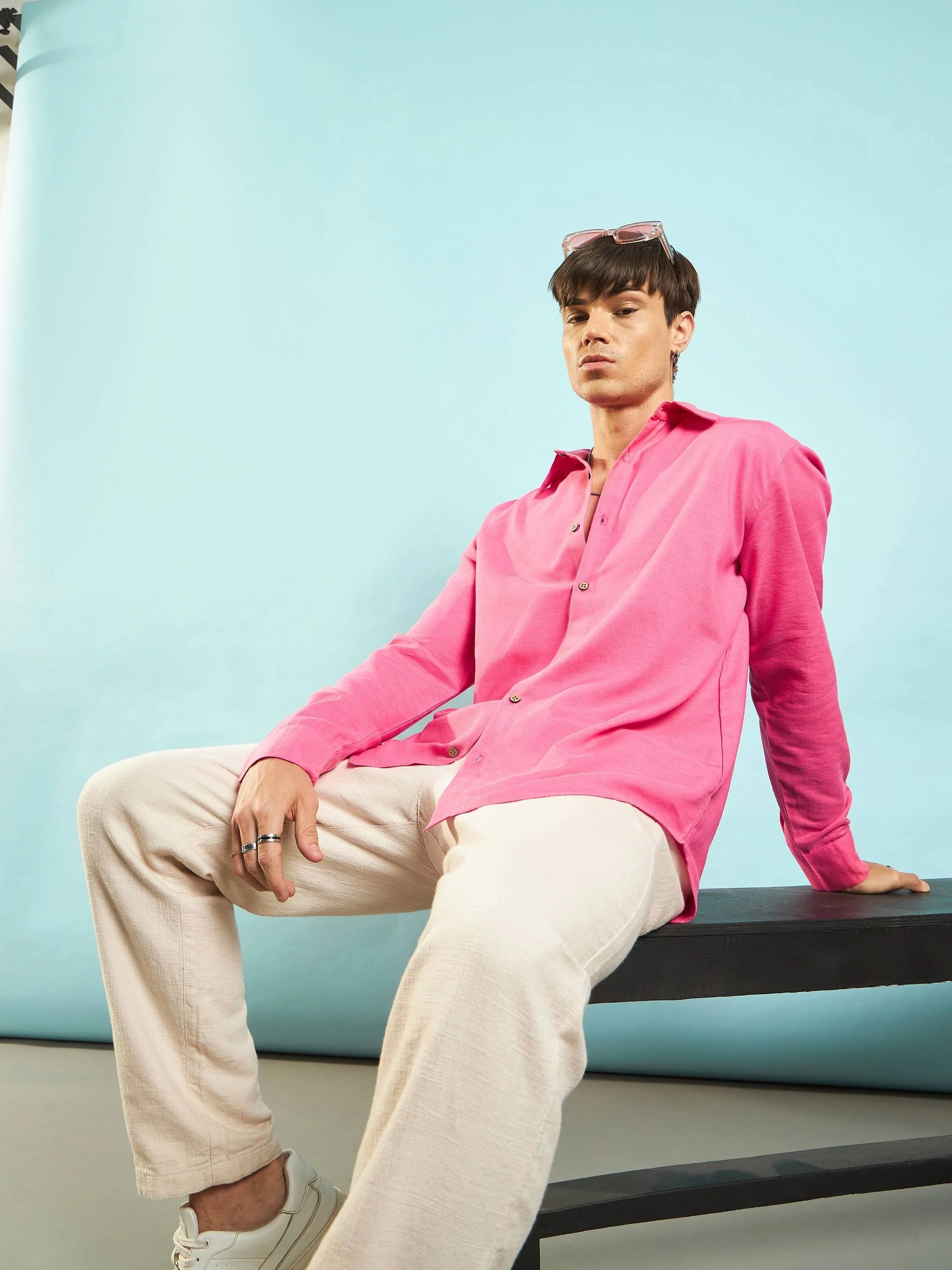 Men Pink Linen Flex Relax Fit Shirt - Image 6