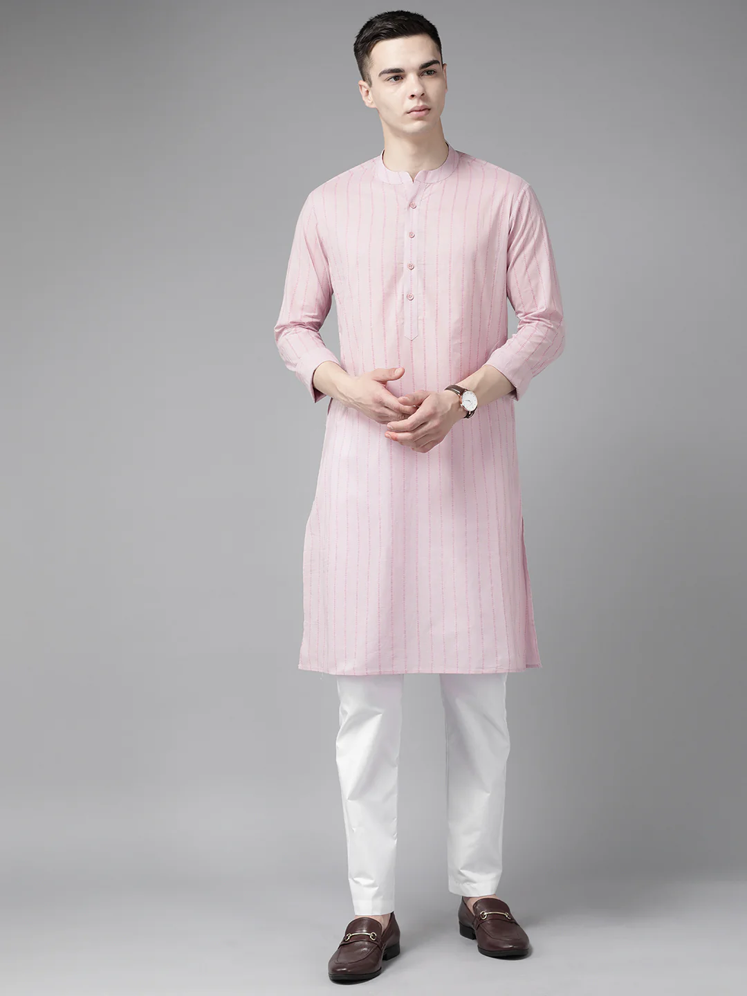 Men Pink & Maroon Stripe Printed Straight Kurta