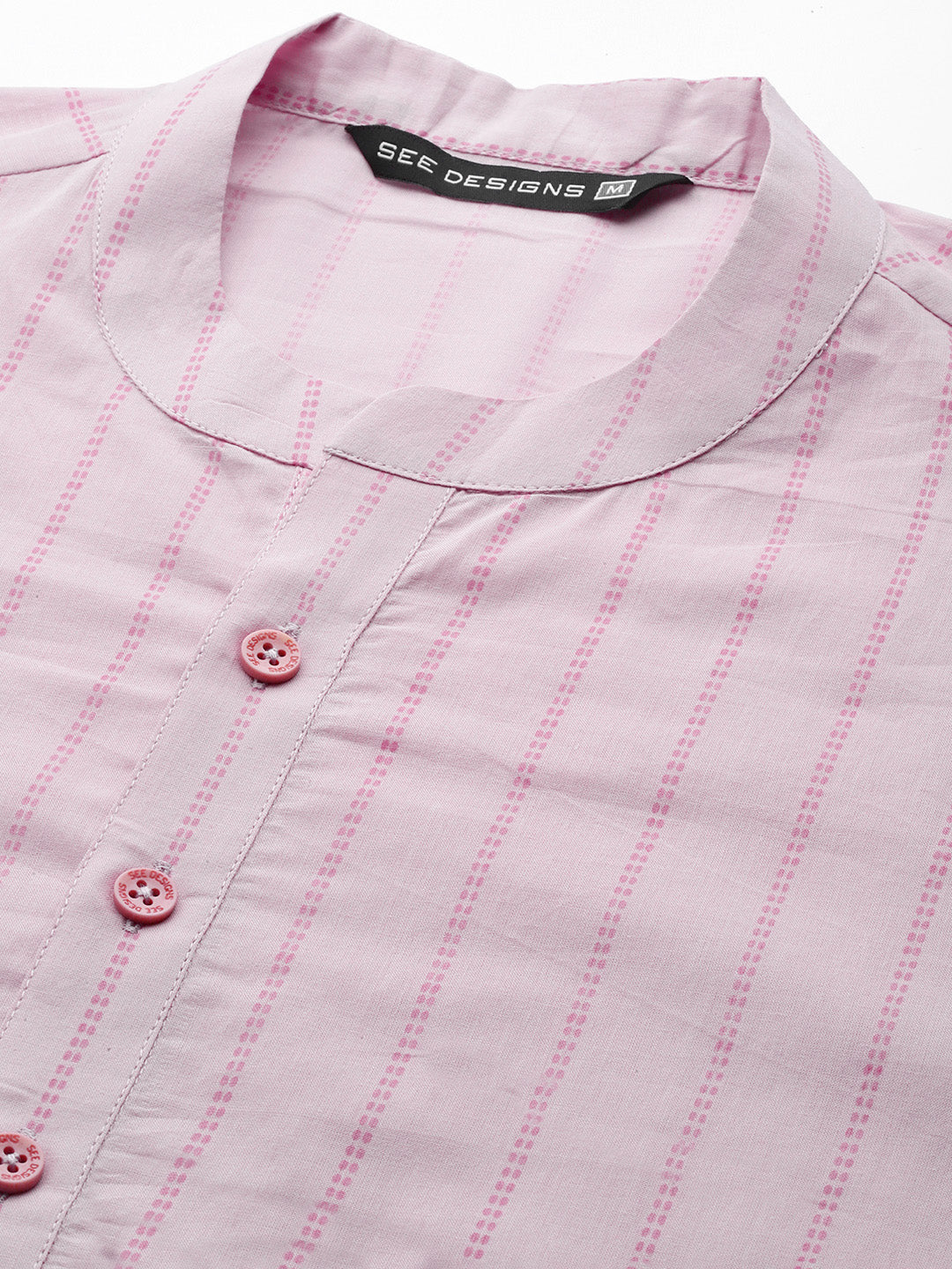 Men Pink & Maroon Stripe Printed Straight Kurta - Image 2