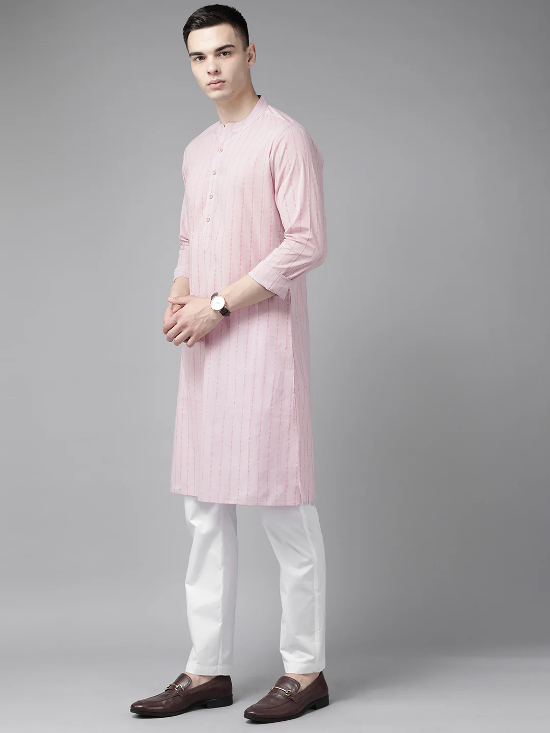 Men Pink & Maroon Stripe Printed Straight Kurta - Image 4