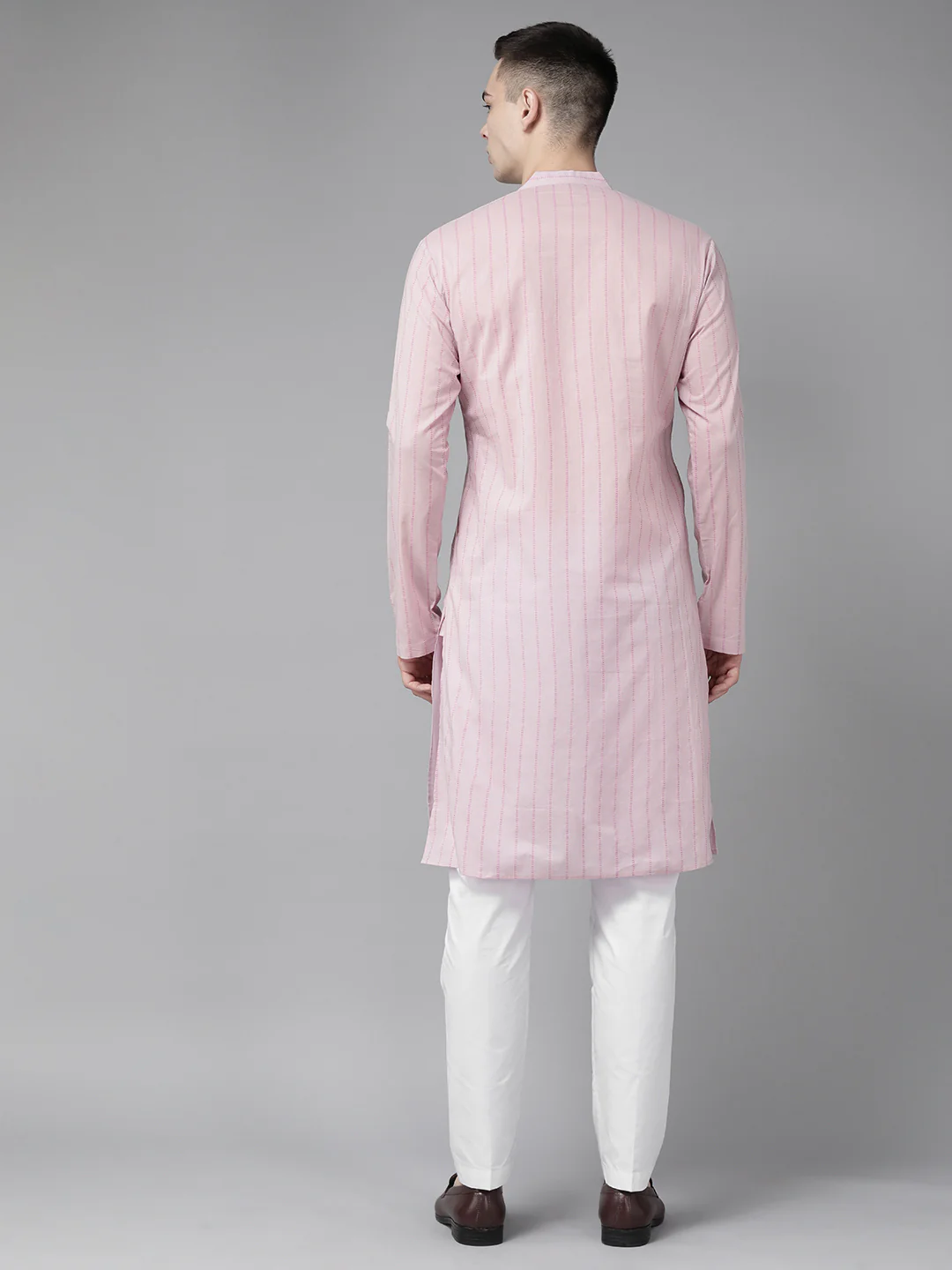 Men Pink & Maroon Stripe Printed Straight Kurta - Image 5