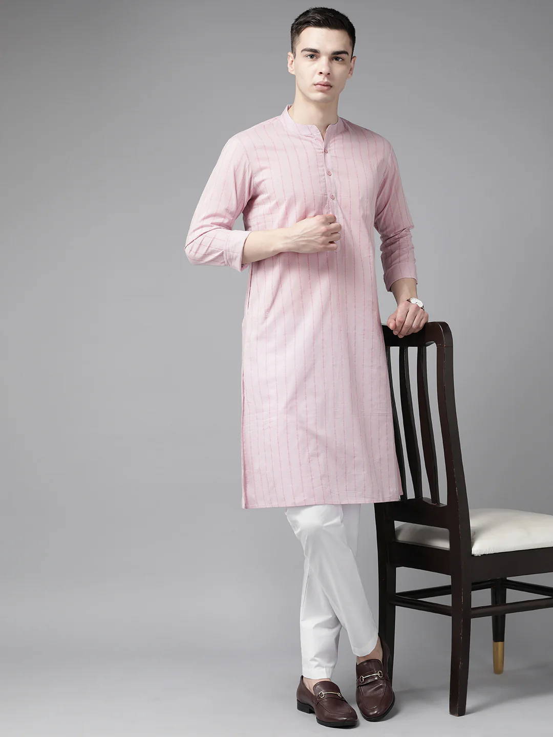 Men Pink & Maroon Stripe Printed Straight Kurta - Image 6