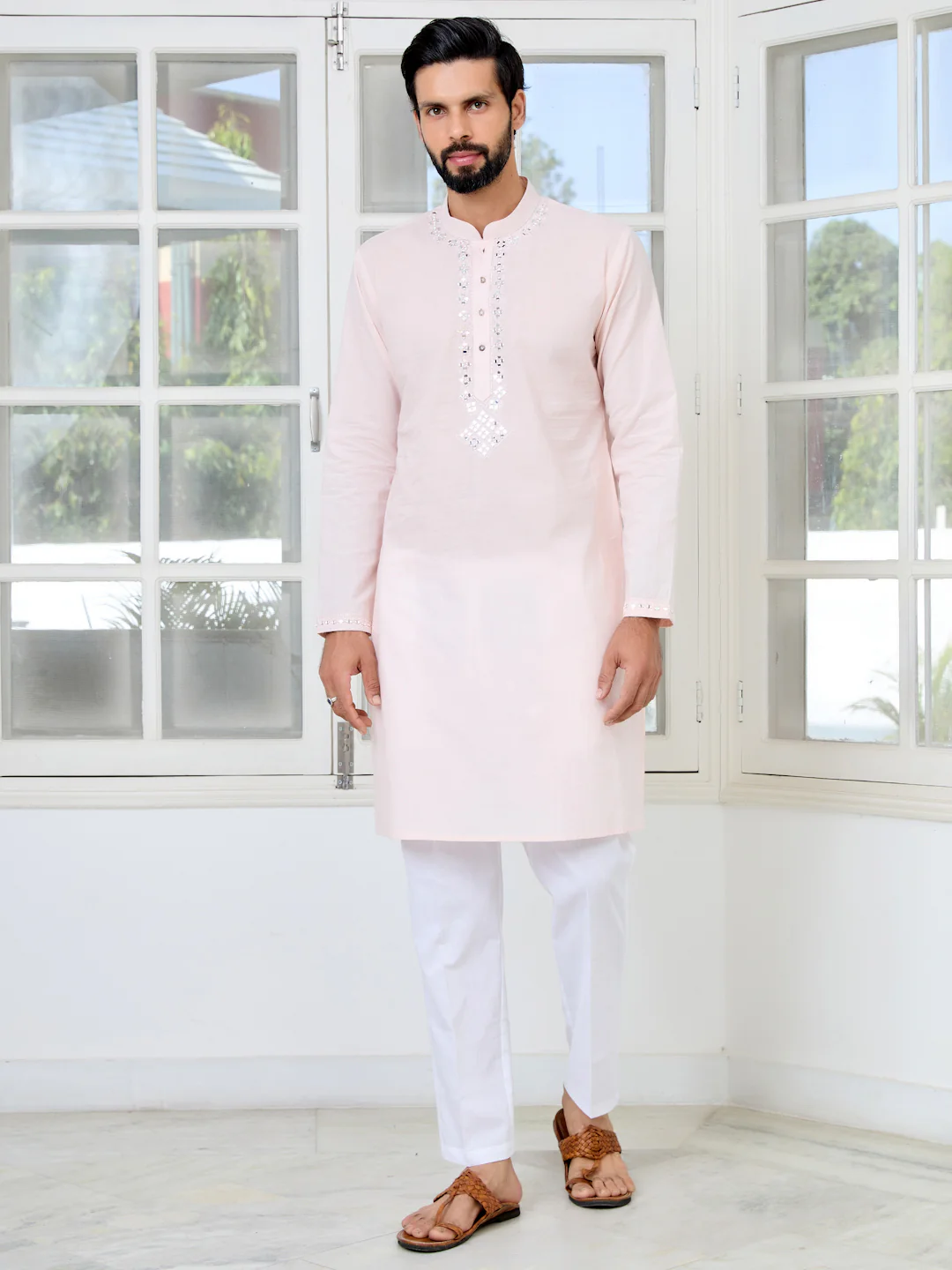 Men Pink Mirror Worked Cotton Kurta