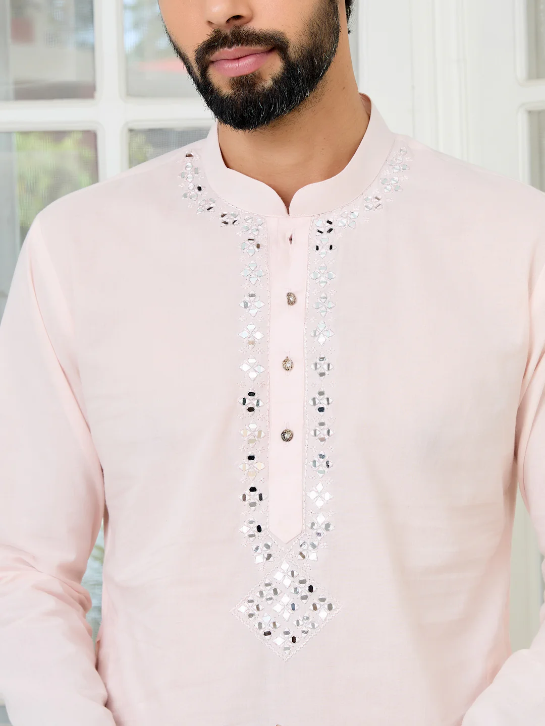 Men Pink Mirror Worked Cotton Kurta - Image 2