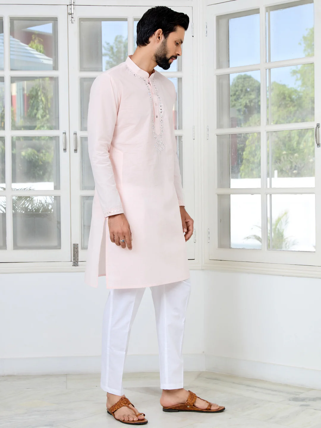 Men Pink Mirror Worked Cotton Kurta - Image 3