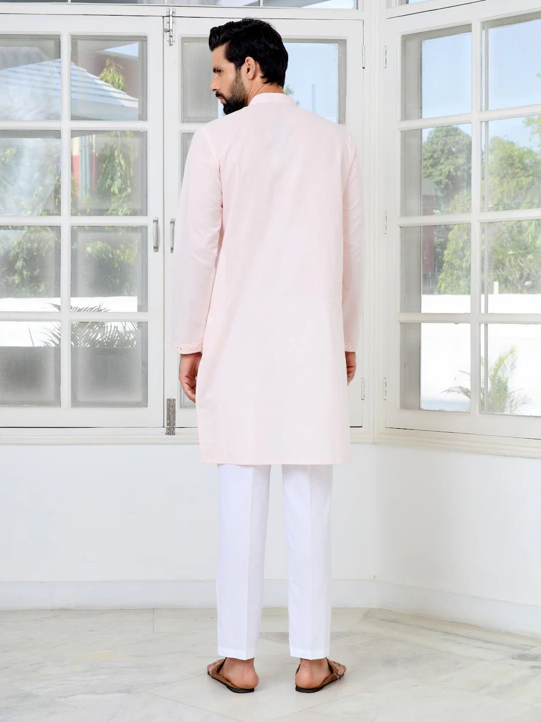 Men Pink Mirror Worked Cotton Kurta - Image 4
