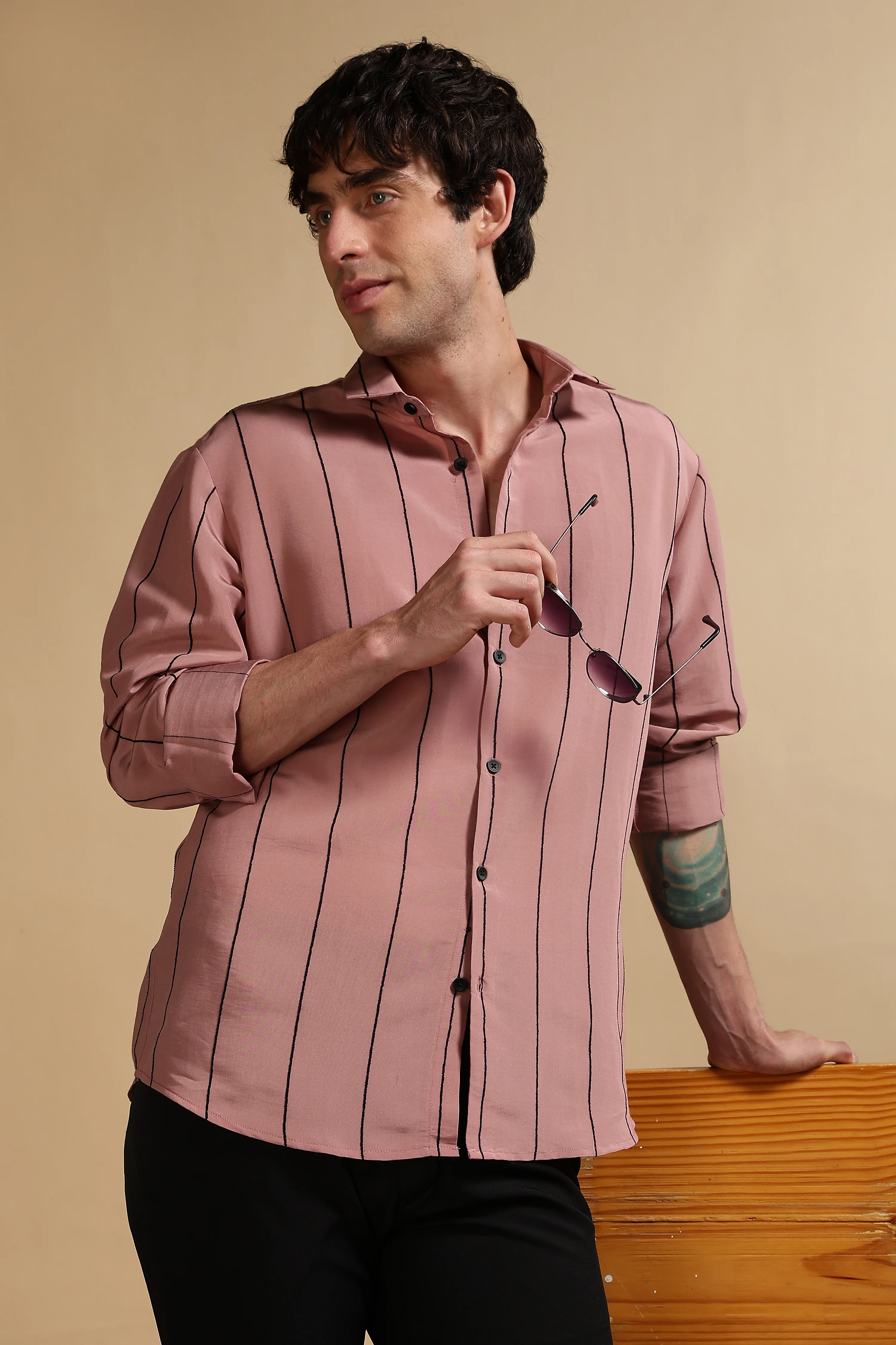 Men Pink Nylon Slim Fit Striped Shirt - Image 10