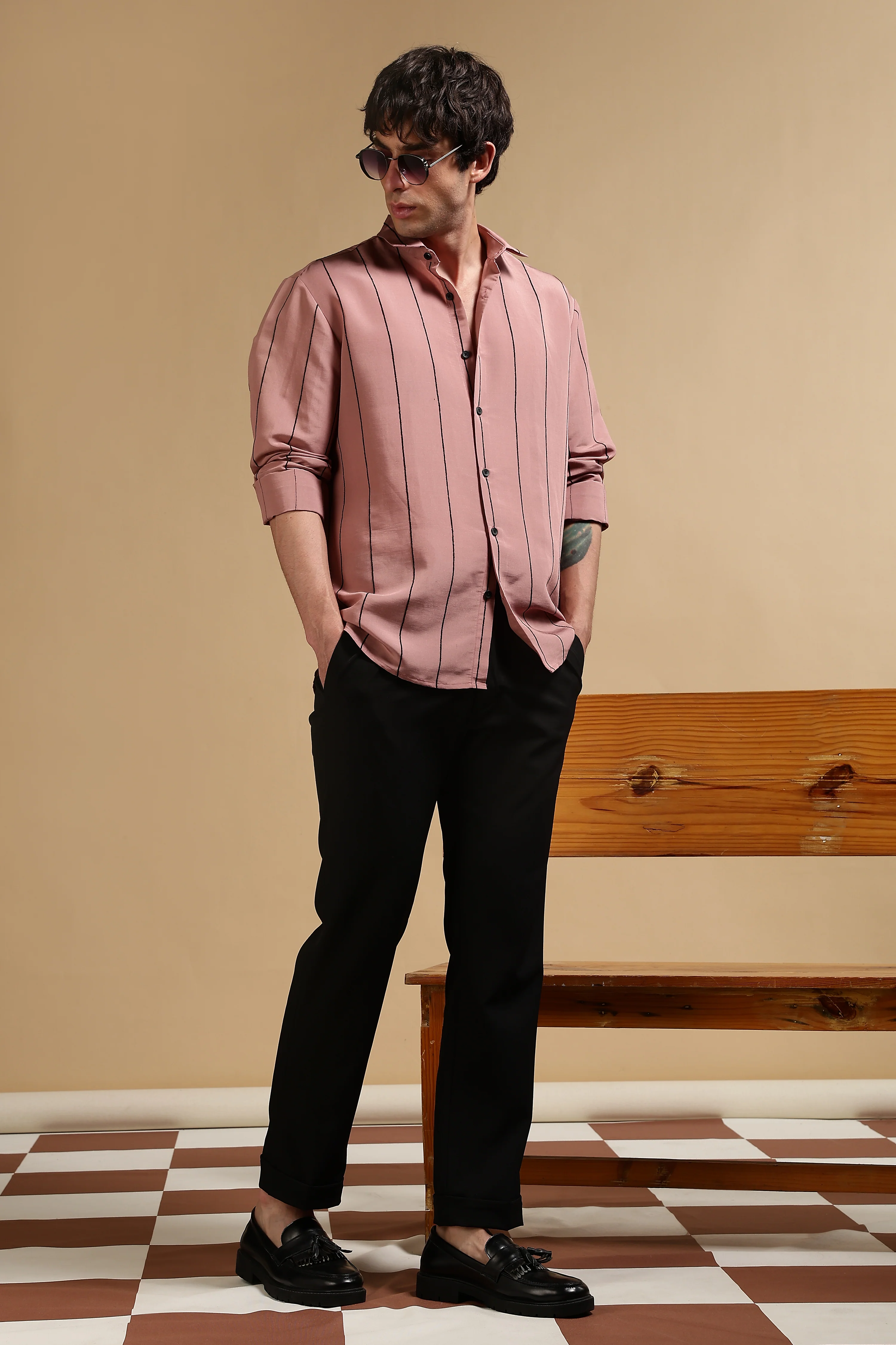 Men Pink Nylon Slim Fit Striped Shirt - Image 2