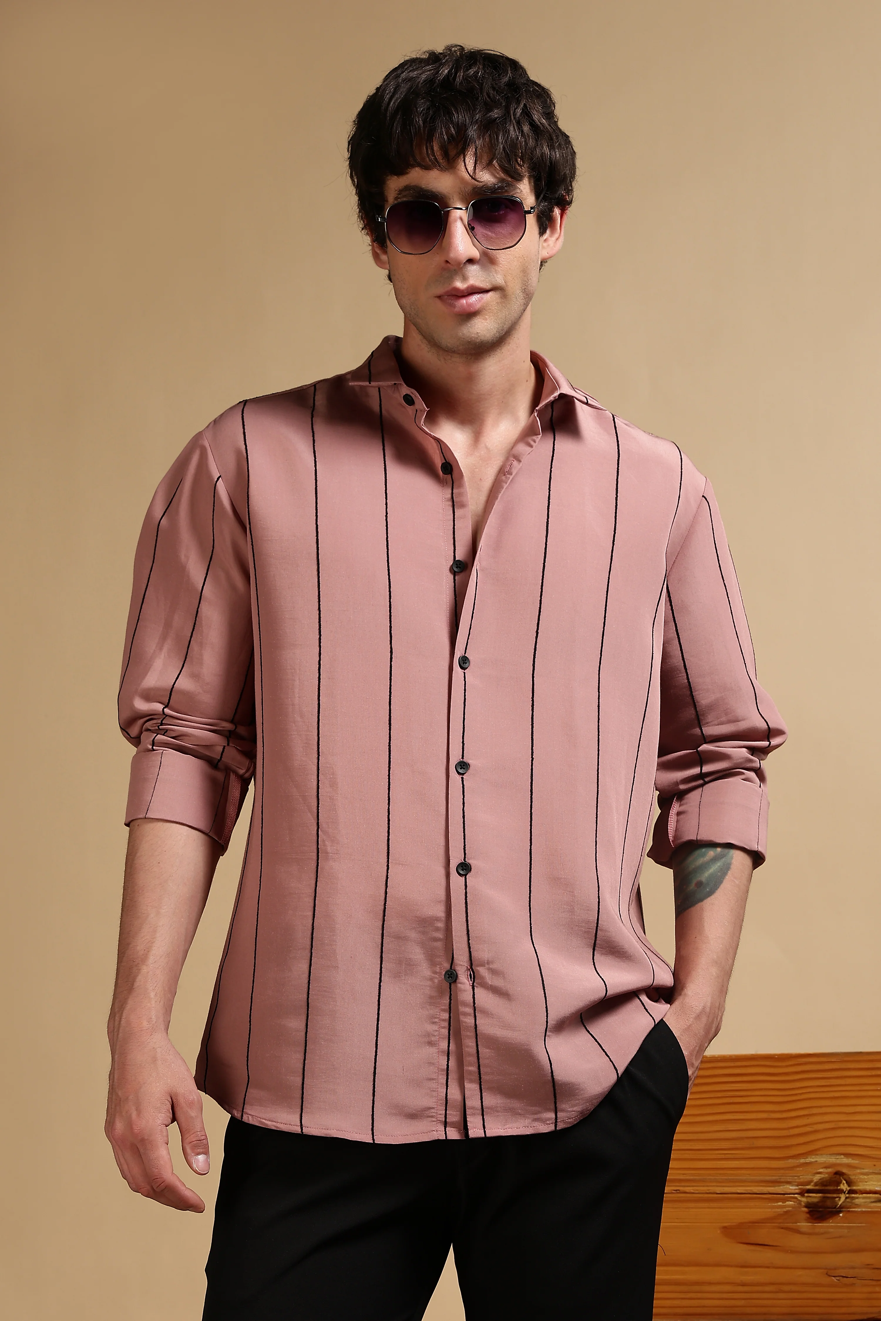 Men Pink Nylon Slim Fit Striped Shirt - Image 3