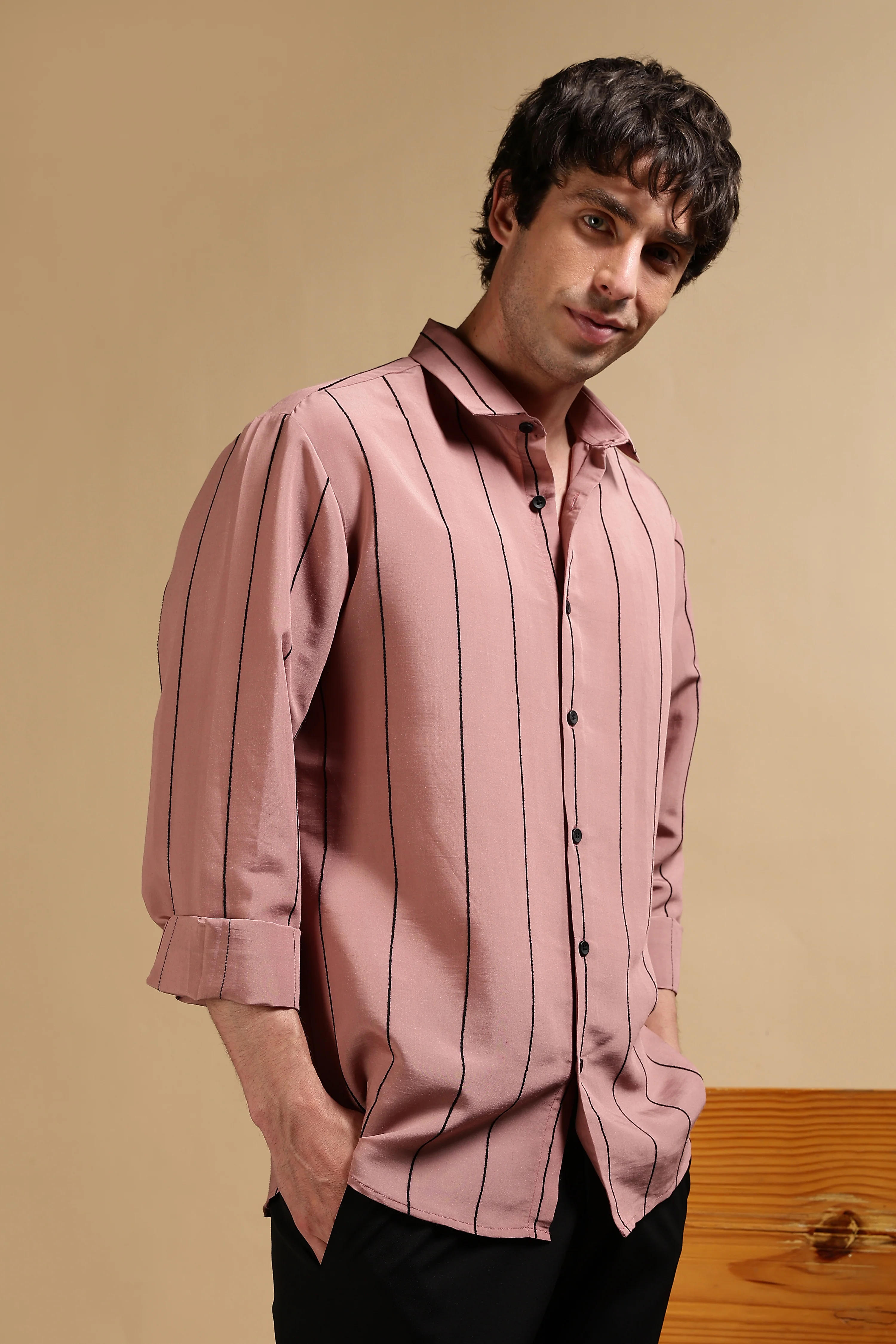Men Pink Nylon Slim Fit Striped Shirt - Image 5