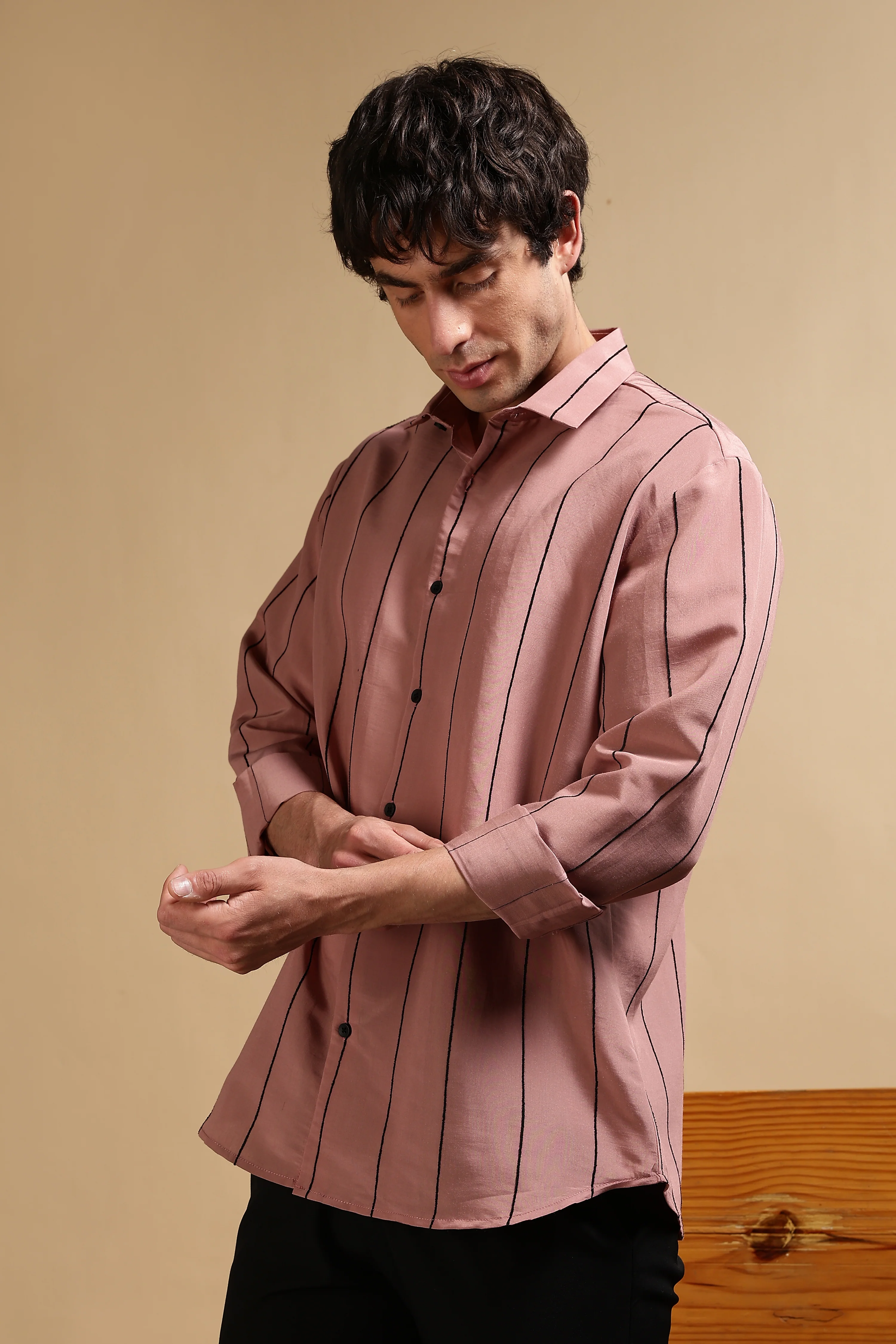 Men Pink Nylon Slim Fit Striped Shirt - Image 6