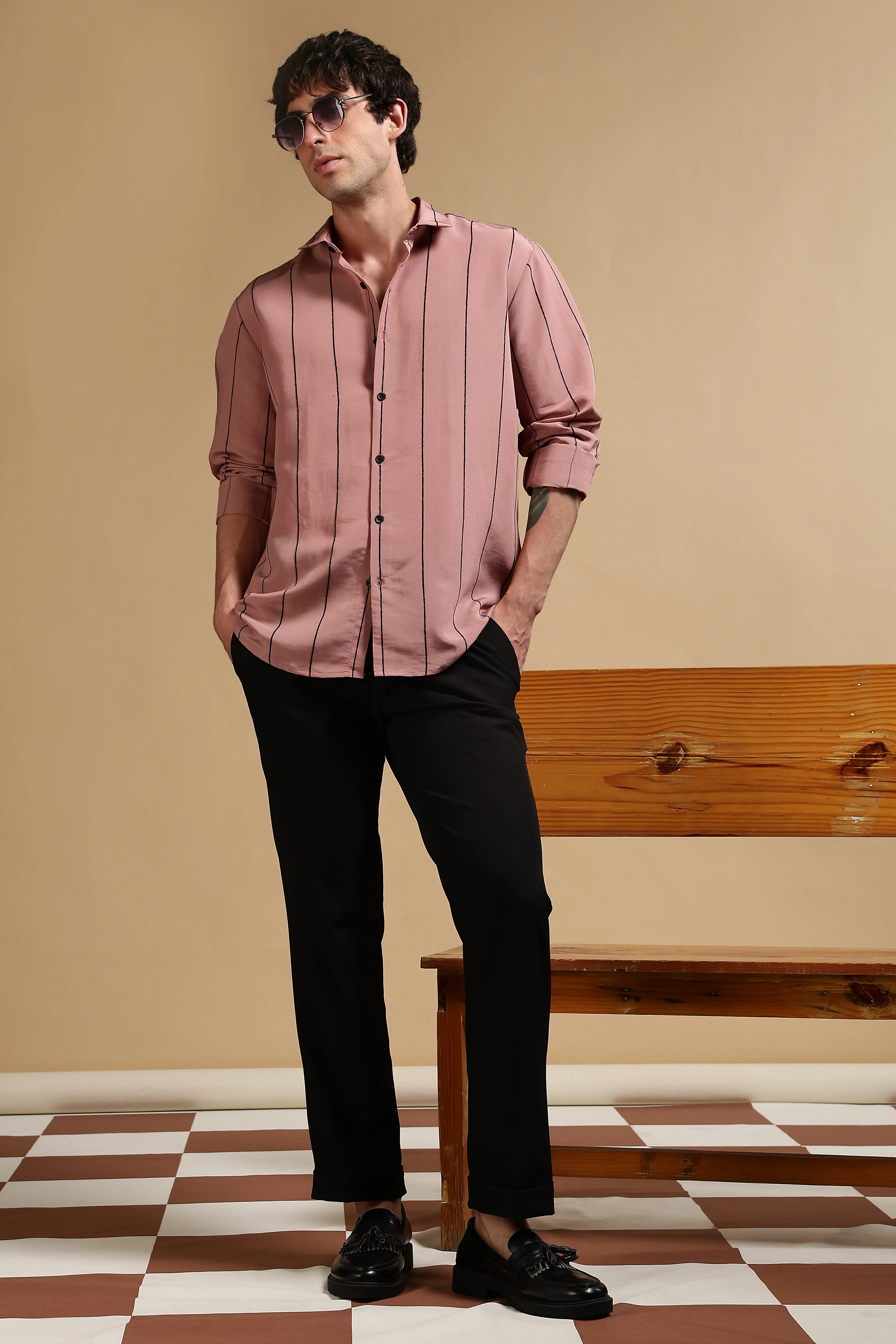Men Pink Nylon Slim Fit Striped Shirt - Image 9