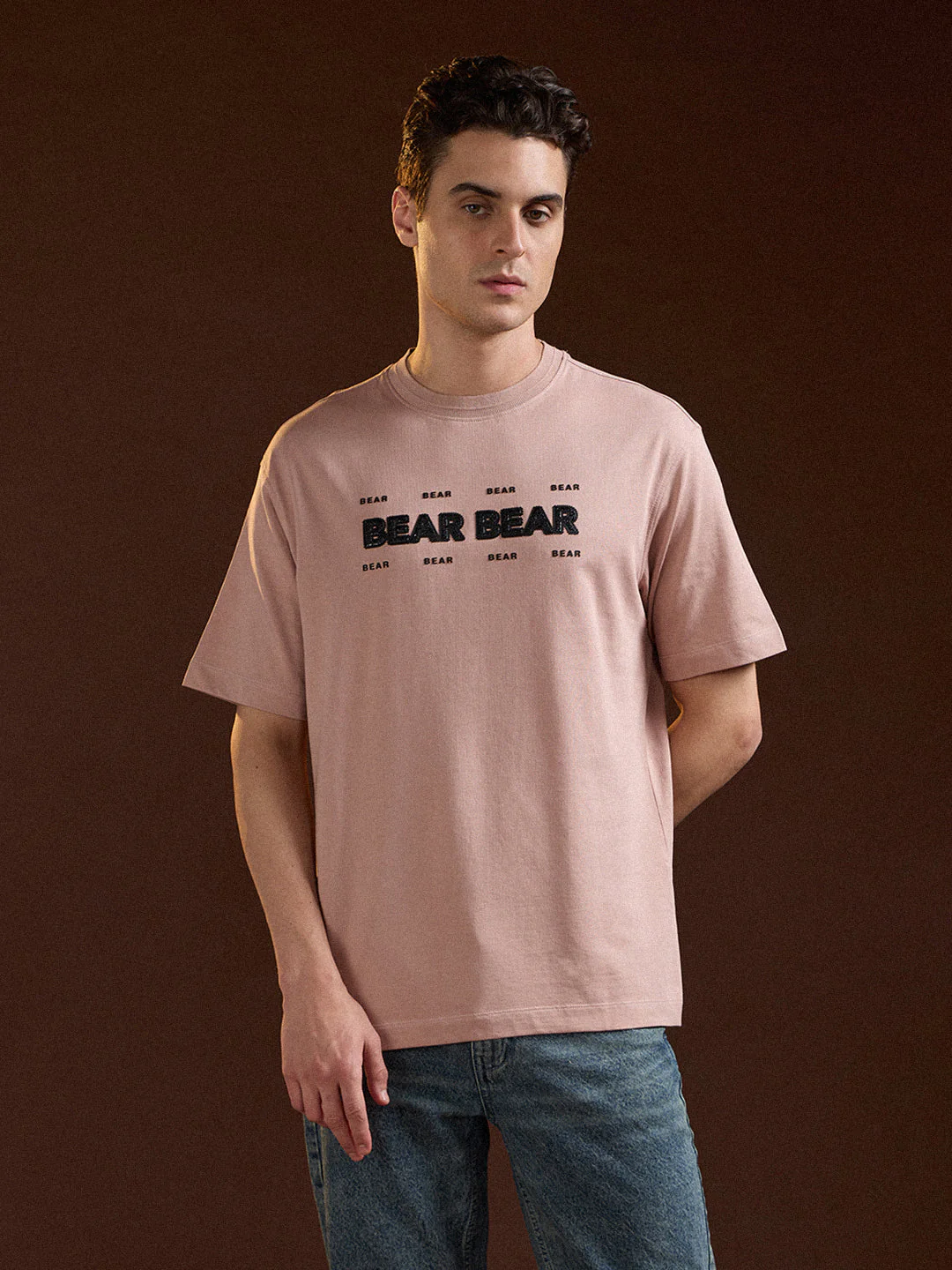 Men Pink Oversize Repeated "BEAR" Graphic Print Crew Neck T-shirt - Image 6
