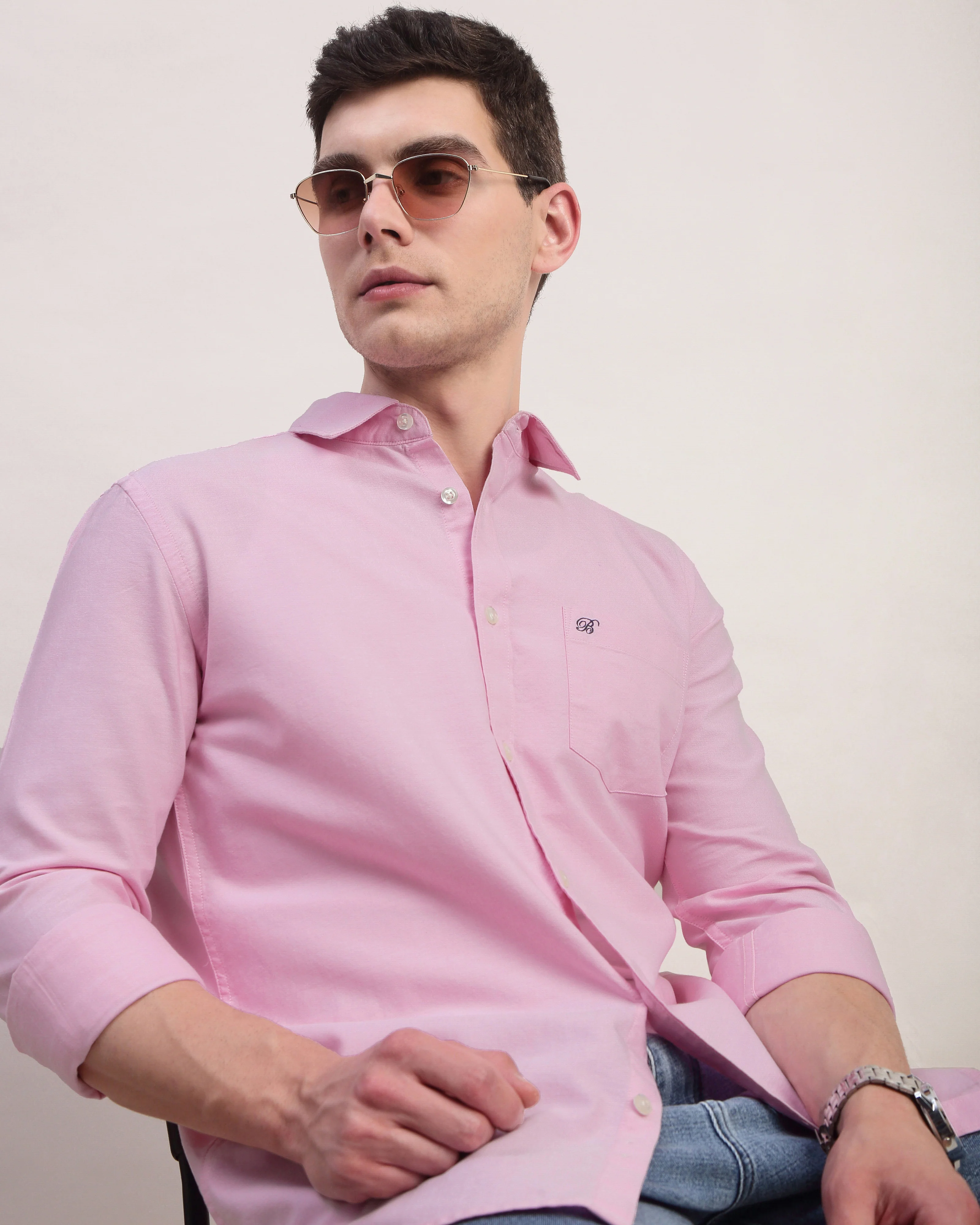 Men Pink Oxford Shirt - Image 4