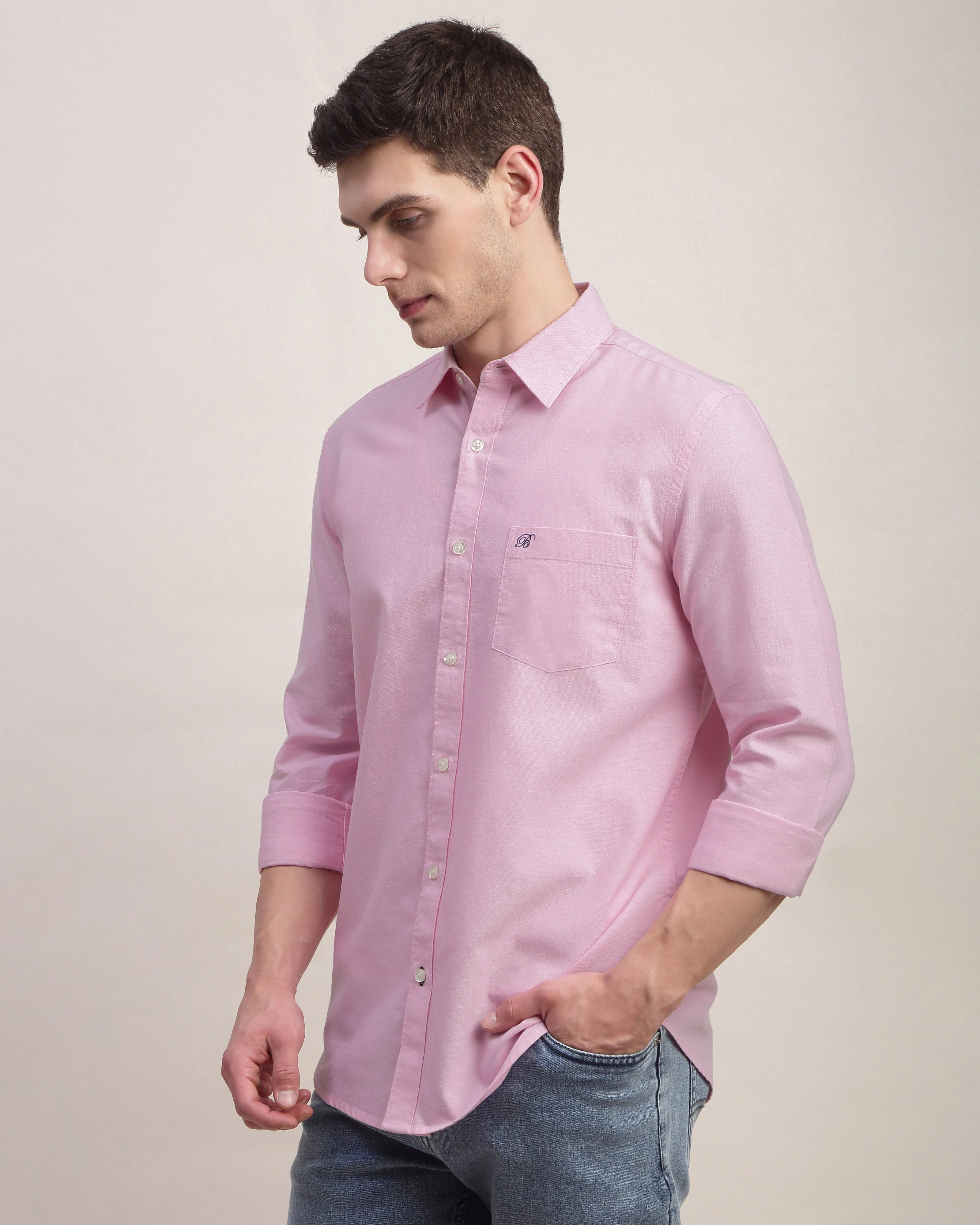 Men Pink Oxford Shirt - Image 7