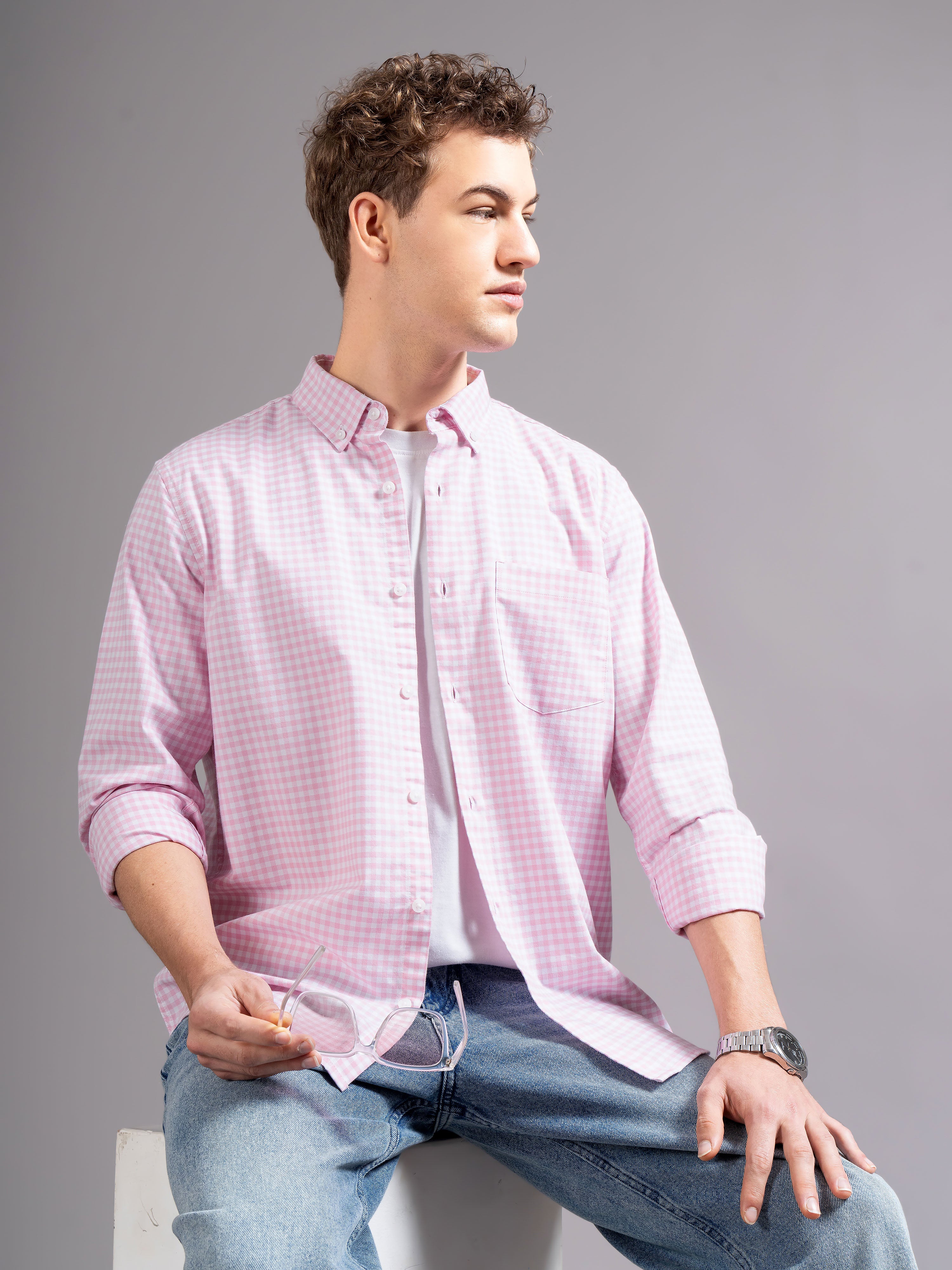 Men Pink Oxford Shirt - Image 7