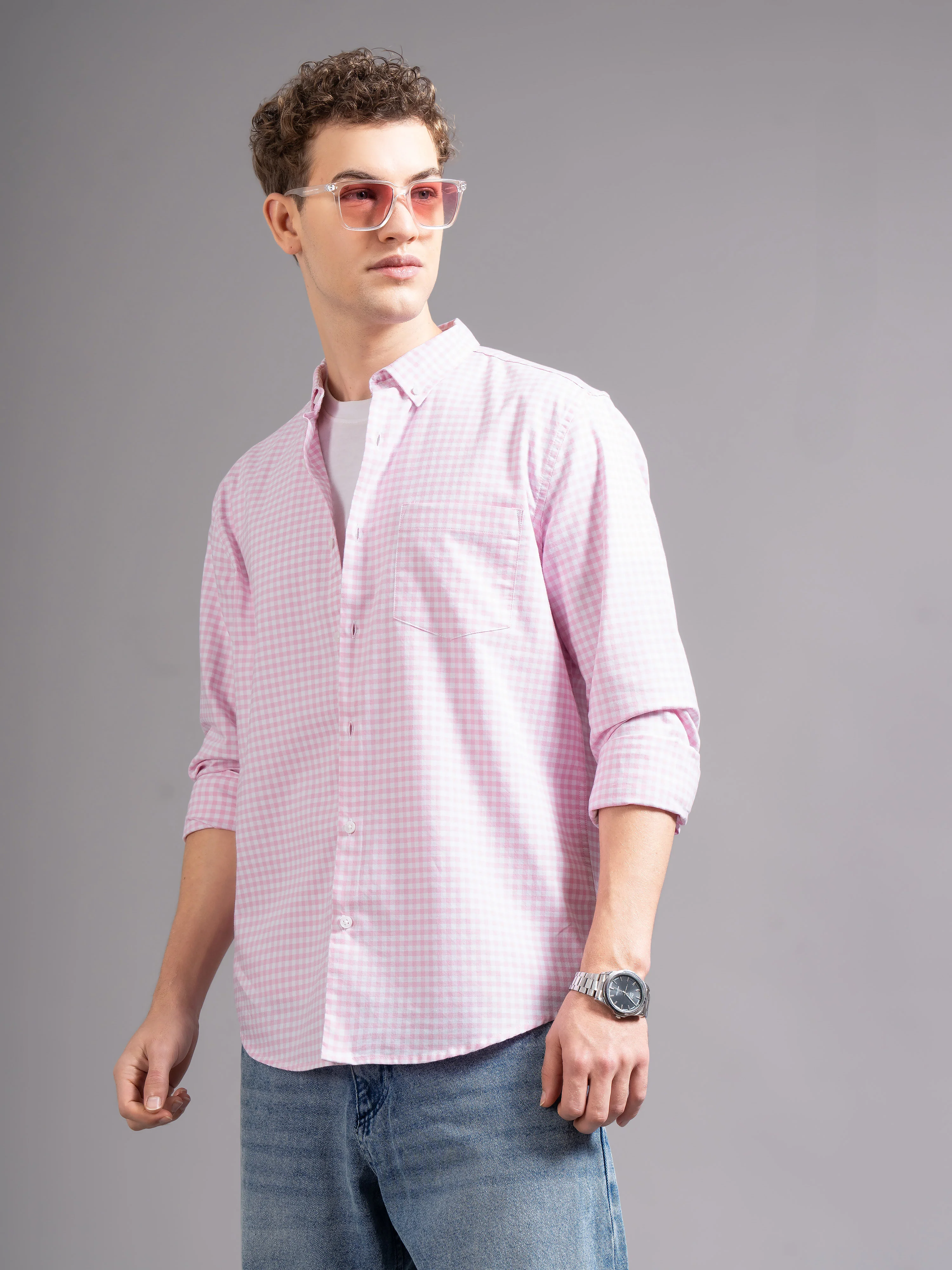 Men Pink Oxford Shirt - Image 8