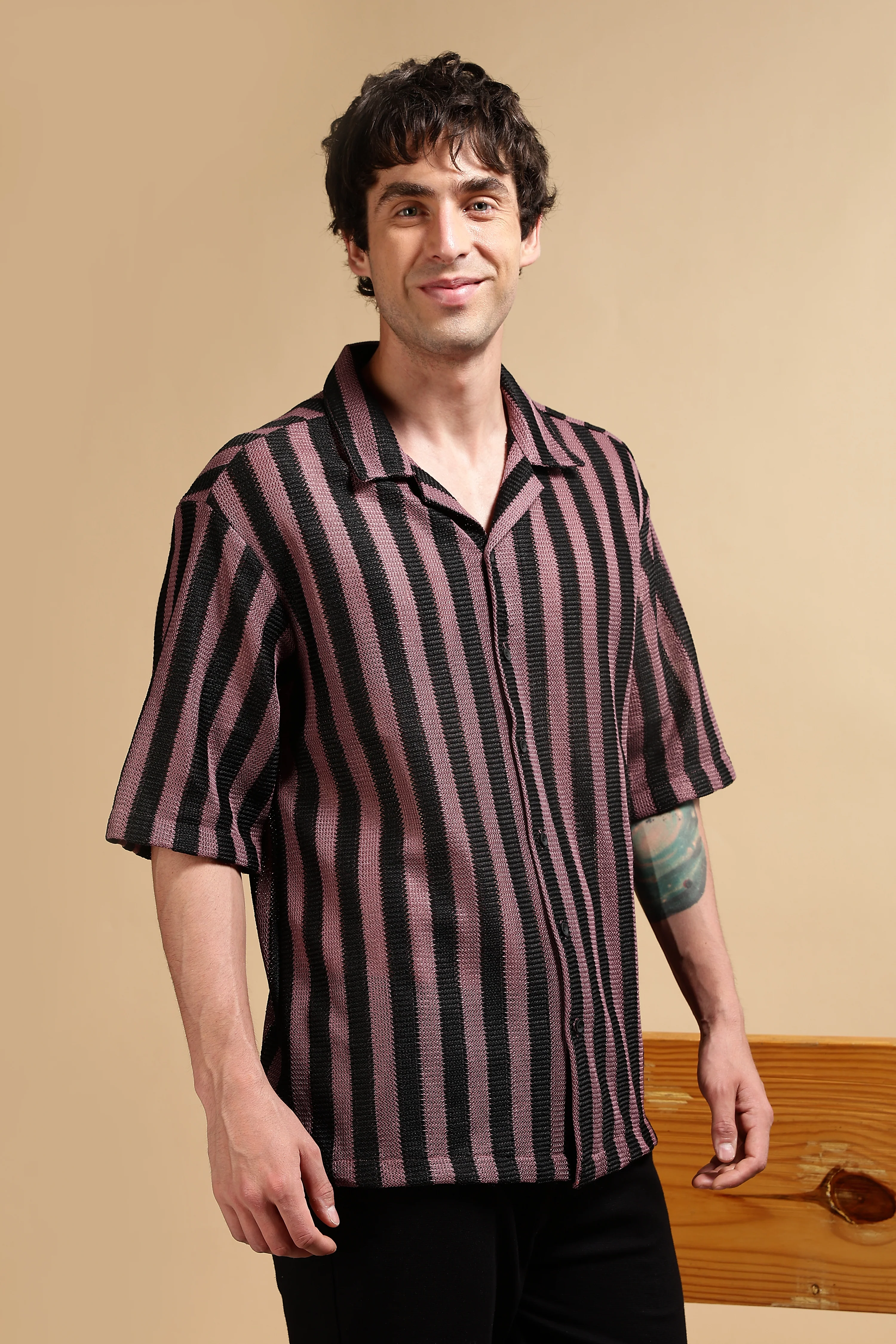 Men Pink Polyester Croatia Striped Shirt - Image 3