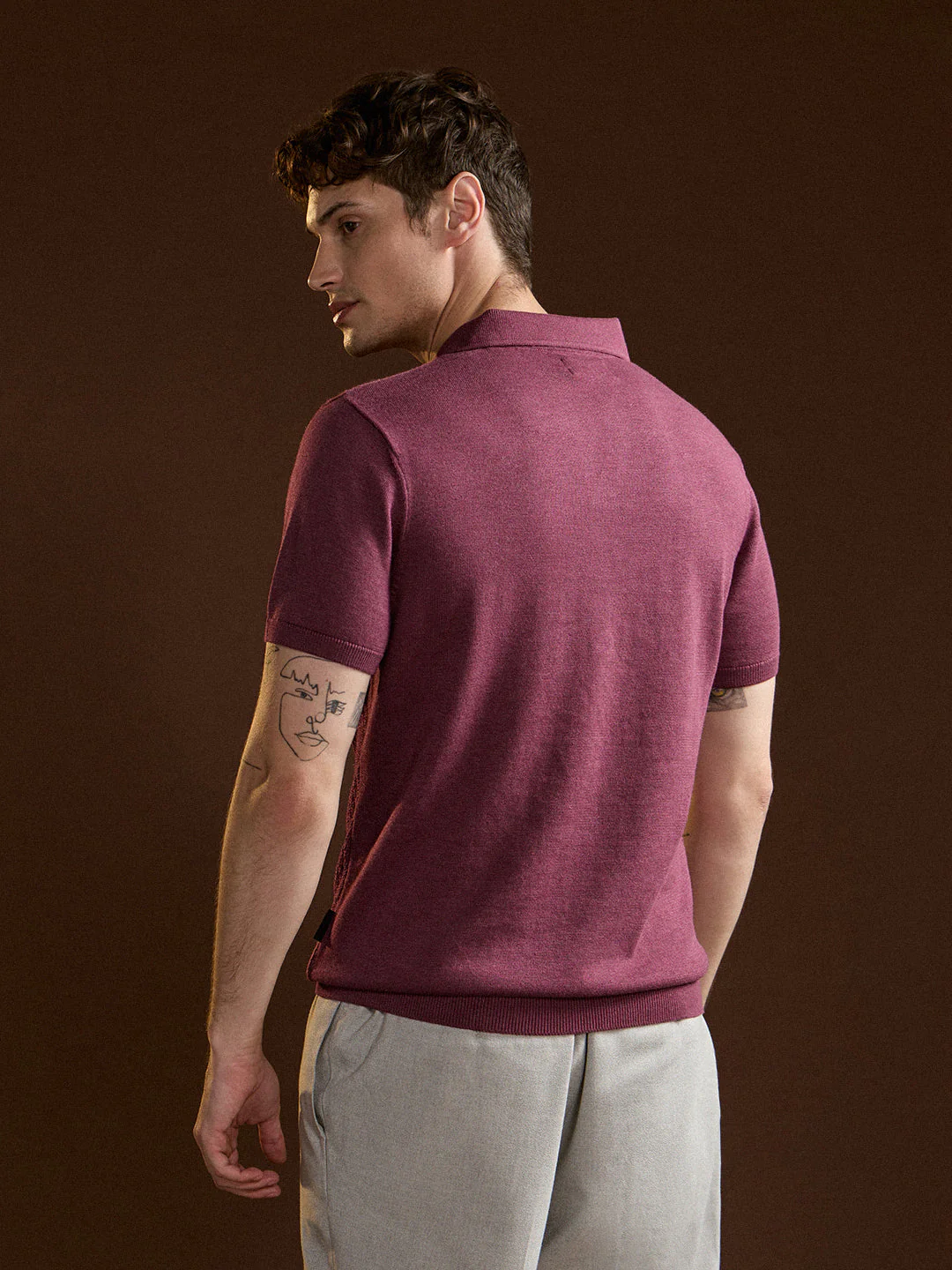 Men Pink Ribbed Texture Design Slim Fit Polo - Image 2