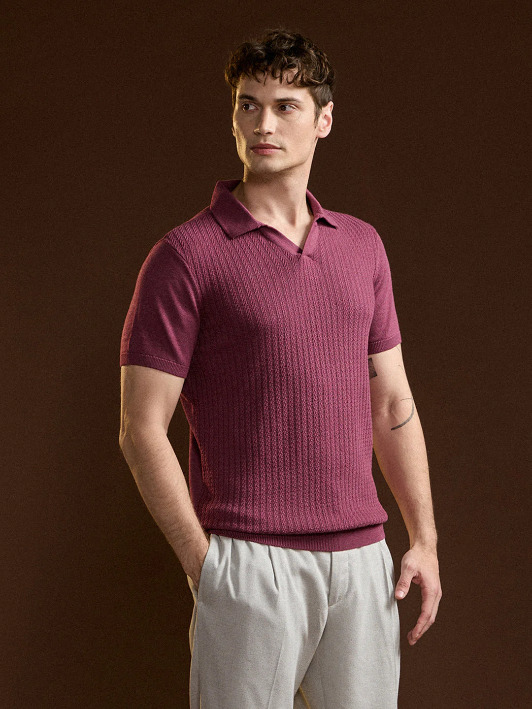 Men Pink Ribbed Texture Design Slim Fit Polo - Image 3