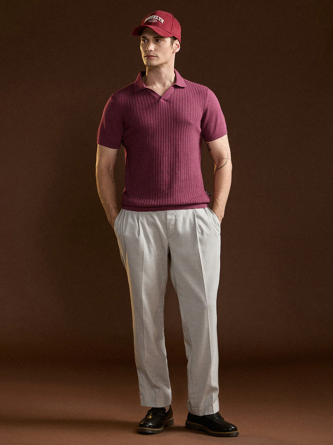 Men Pink Ribbed Texture Design Slim Fit Polo - Image 4