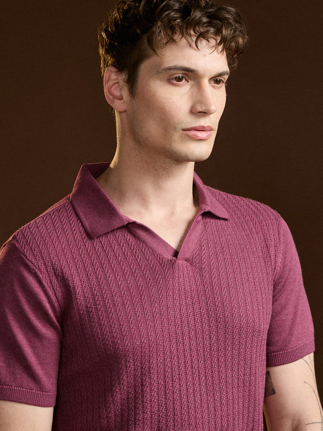 Men Pink Ribbed Texture Design Slim Fit Polo - Image 5