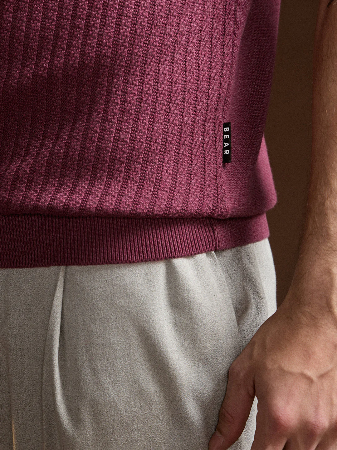 Men Pink Ribbed Texture Design Slim Fit Polo - Image 6