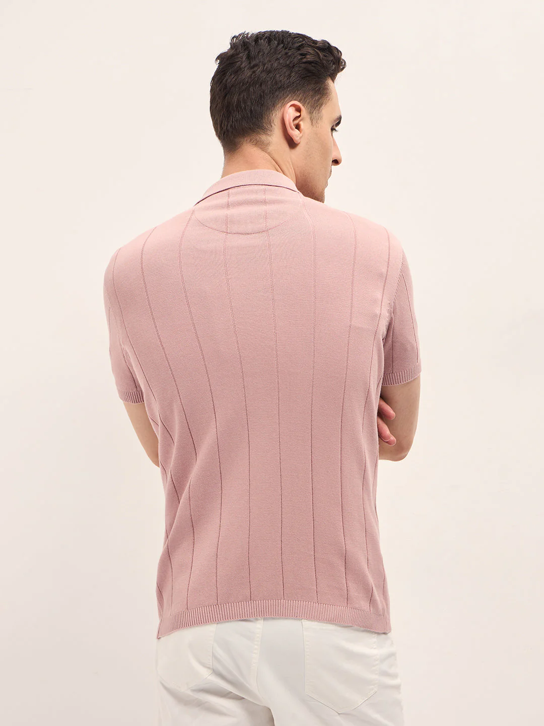 Men Pink Self-Striped Design Slim Fit Polo - Image 2