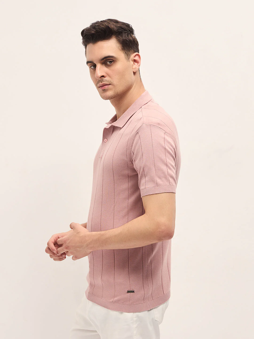 Men Pink Self-Striped Design Slim Fit Polo - Image 3