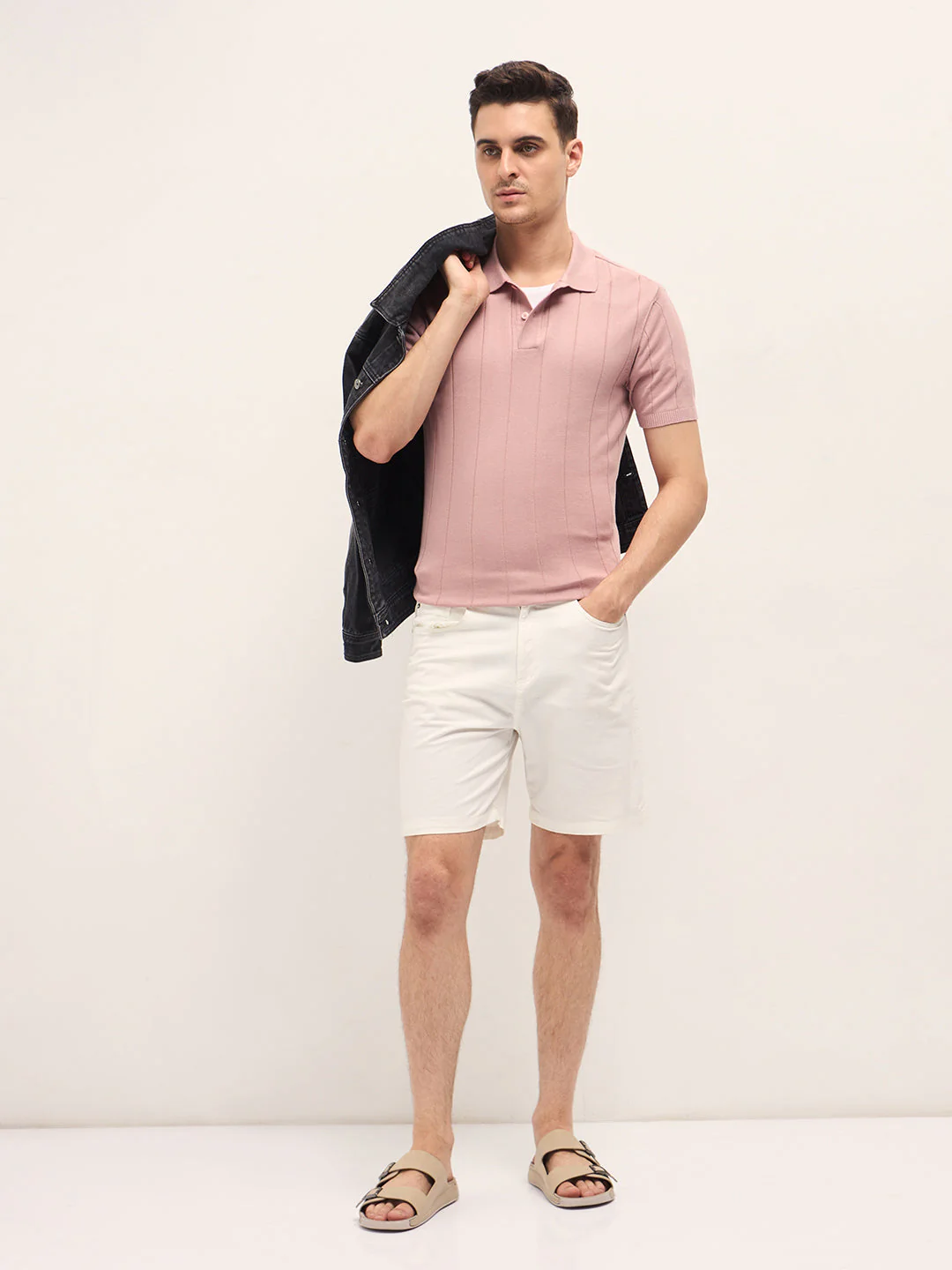 Men Pink Self-Striped Design Slim Fit Polo - Image 4