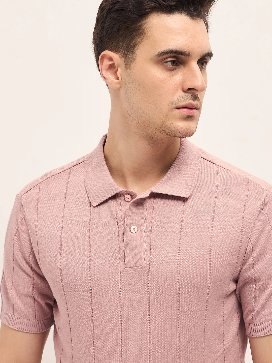 Men Pink Self-Striped Design Slim Fit Polo - Image 5